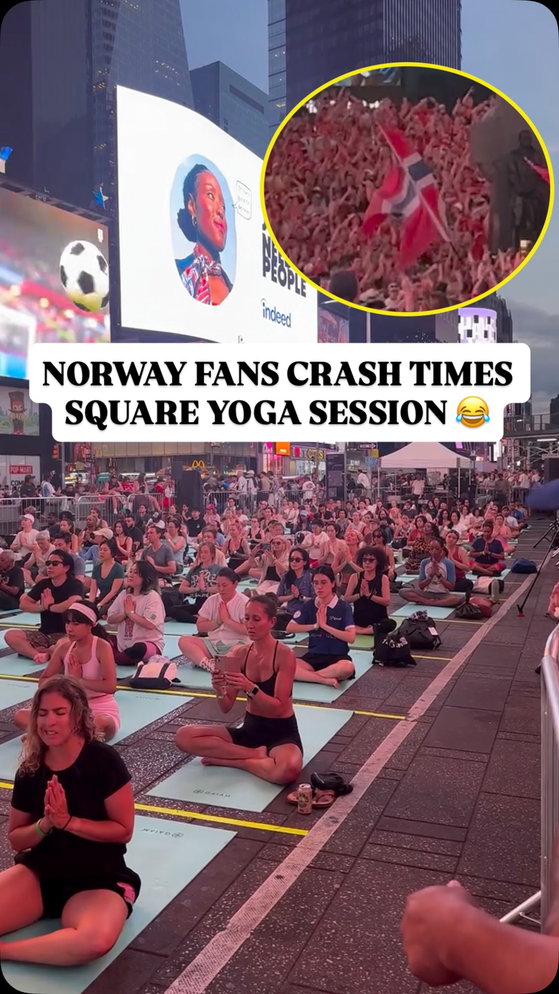 NORWAY FANS CRASH TIMES SQUARE YOGA SESH 😂

Norwegian supporters descended en masse to Times Square on Sunday — a day prior to the World Cup match against Senegal in New Jersey — just as dozens gathered for a yoga session timed to the solstice 🧘‍♂️

And somehow, Erling Haaland is right at the center of a Venn diagram for both groups 😉

📹: @topbasketmiami