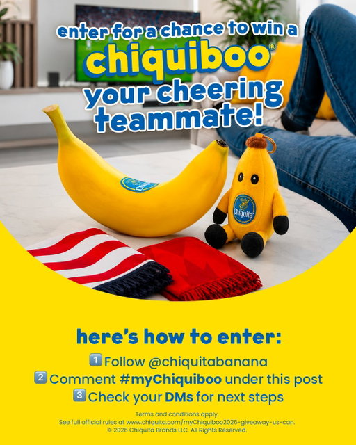 The best soccer moments of the summer start now! ⚽✨
Looking for a cute teammate? Chiquiboo® is your perfect match 🍌💛

🏆Chances to win daily!

How to enter:
1️⃣ Follow @chiquitabanana
2️⃣ Comment #myChiquiboo under this post
3️⃣ Check your DMs for next steps

Win it. Squeeze it. Cheer with it. ⚽

NO PURCHASE NECESSARY. Open to legal residents of the 50 U.S./D.C. & Canada (excluding Quebec), 18+ and age of majority. Void where prohibited. Ends 7/5/26. Math skill test required for Canadian residents. For full Official Rules, visit www.chiquita.com/myChiquiboo2026-giveaway-us-can. 

👉 Want to share the fun? Tag someone who would love a Chiquiboo® (optional, not required to enter)
