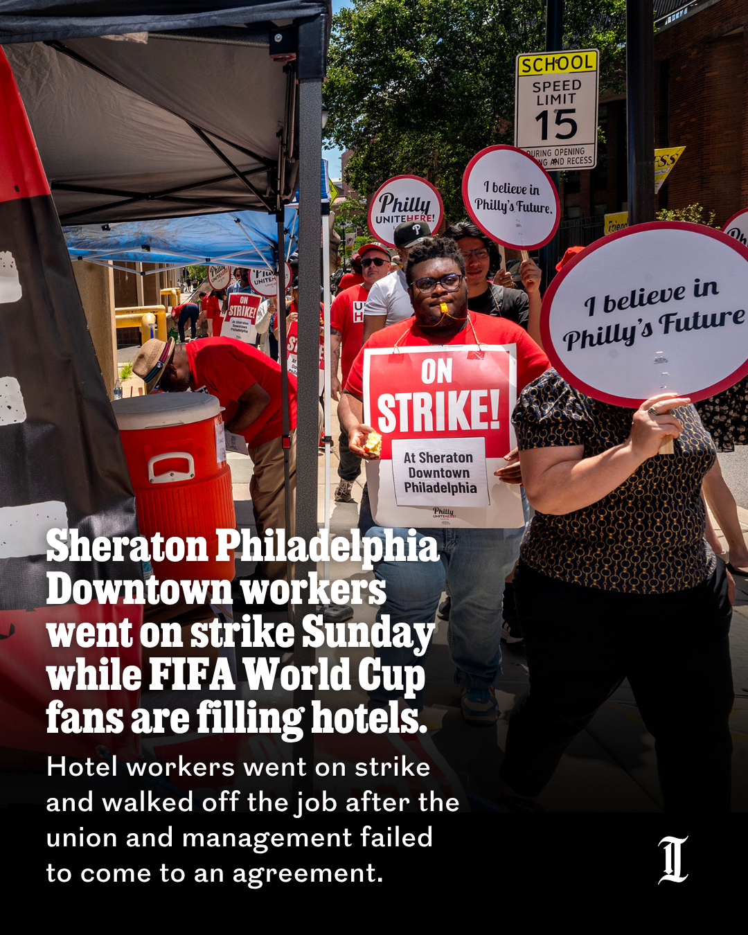 Unionized hotel workers at Sheraton Philadelphia Downtown went on strike and walked off the job Sunday, June 21, after the union and management failed to come to an agreement.⁠
⁠
The union, Unite Here Local 274, is bargaining for a $30 per hour minimum wage to be established by 2028, as well as improved benefits, including healthcare coverage for workers’ family members.⁠
⁠
The strike comes just one the day before France and Iraq compete in a FIFA World Cup soccer match at Lincoln Financial Field (aka “Philadelphia Stadium” for soccer fans) and a few days before another match between Curacao and Ivory Coast. Previous World Cup matches have flooded the city with tourists from around the world.⁠
⁠
“These hotel rooms are selling, and they’re charging exorbitant rates,” said Unite Here Local 274 Vice President Briheem Douglas.⁠
⁠
The prospect of a busy summer tourist season provided the union with leverage to get hotel owners to agree to contracts at five other unionized hotels in the city, according to Douglas.⁠
⁠
“Workers have bargained in good faith with this company way before the World Cup started,” Douglas said. “Other hotels have gotten there, and this place hasn’t.”⁠
⁠
Read the full story at the link in our bio.⁠
⁠
📝 by Brett Sholtis / Staff⁠
📸 by Tom Gralish / Staff