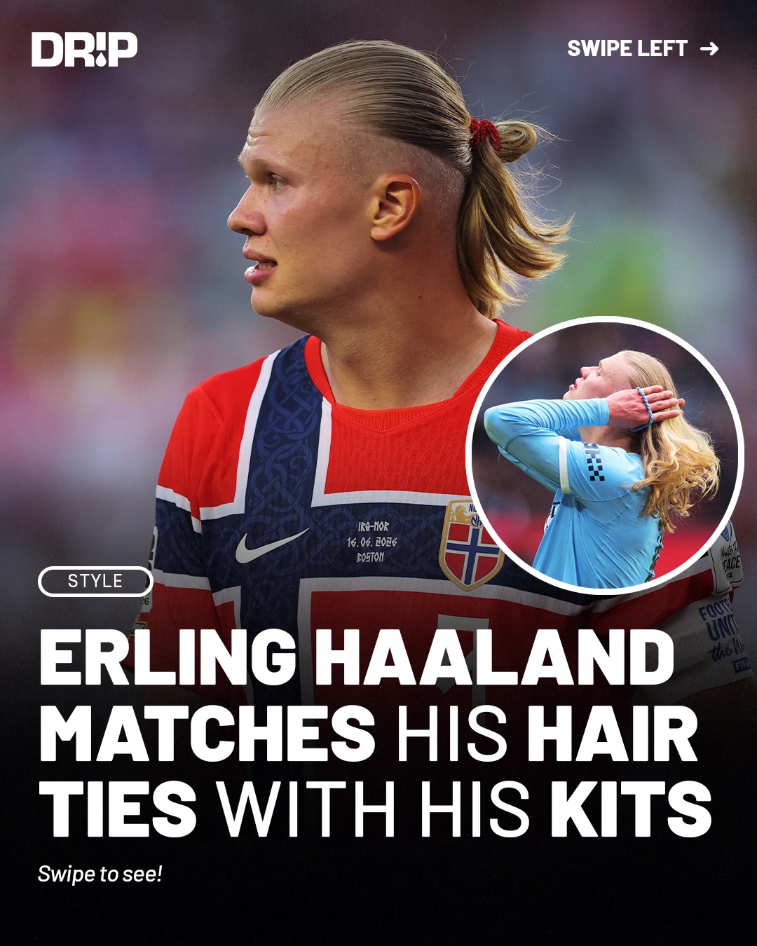 Often times, Erling Haaland is seen wearing a hair tie that matches the color of his kit, adding a subtle but coordinated detail to his overall look. Y’all rockin’ with the hairstyle?