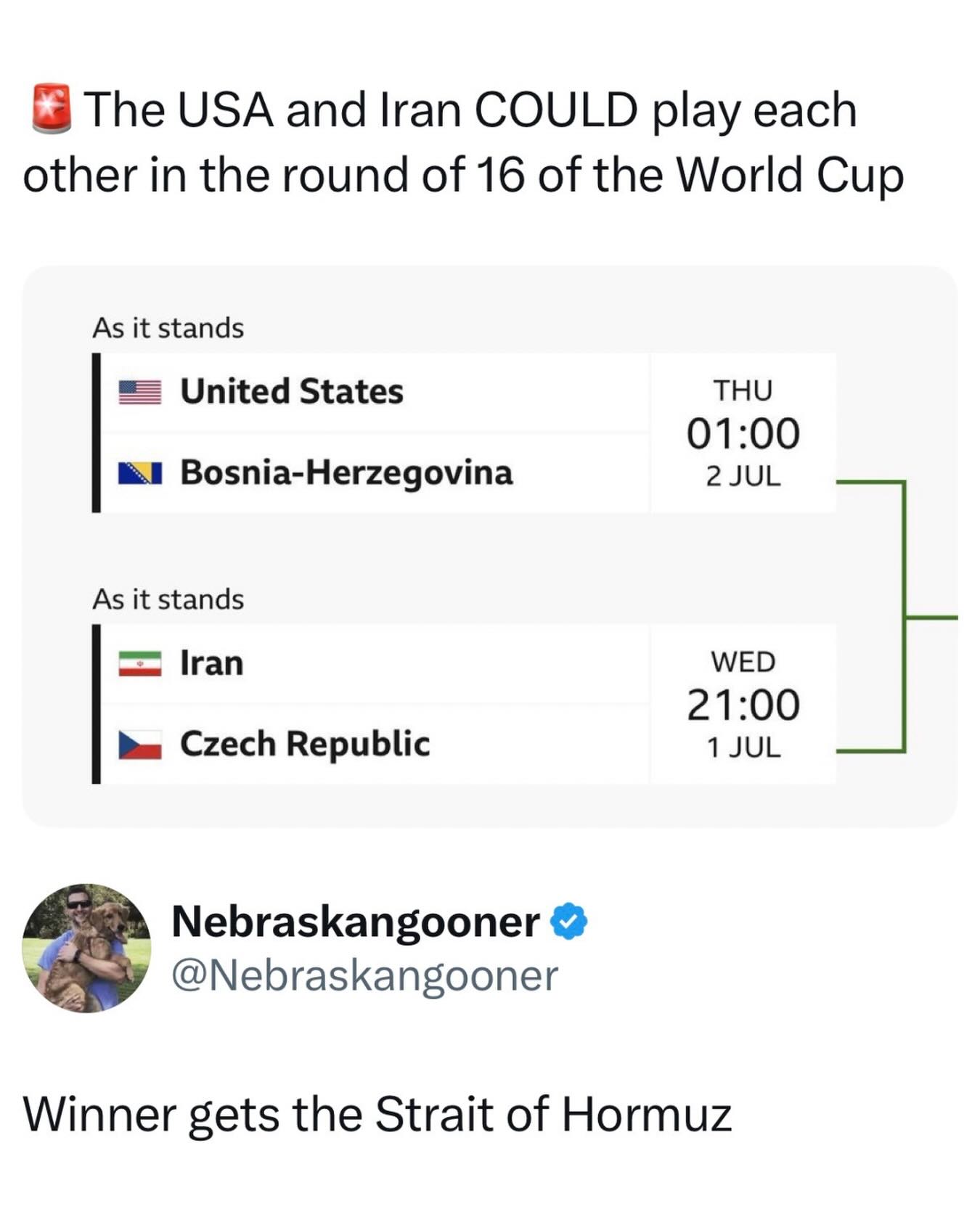 The World Cup somehow keeps finding new ways to raise the stakes 😭

Every tournament has a few potential matchups that instantly capture everyone’s attention, and a possible United States versus Iran knockout game would definitely be one of them. Even before a ball is kicked, fans are already imagining the atmosphere, the headlines, and the level of tension that would come with a winner take all World Cup match.

That’s part of what makes the World Cup different from every other sporting event. Teams spend years trying to qualify, millions of people become emotionally invested overnight, and suddenly one game feels bigger than just soccer. Of course, the internet immediately skipped past the football discussion entirely and started joking about what exactly should be awarded to the winner.