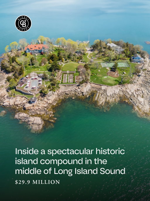 In 1902, a Tudor mansion went up on the highest point of Rogers Island, 45 feet above Long Island Sound. The 7.65-acre island is one of the largest in Connecticut’s Thimble Islands, the archipelago off Branford’s Stony Creek where summer residents have included P.T. Barnum and President William Taft.

The main house holds 10 bedrooms, six full and two half baths, three fireplaces and a mahogany wraparound porch. Around it sit a four-bedroom guest cottage, staff quarters, an artist’s studio, a greenhouse, a waterfront heated pool, a tennis court and a Nicklaus-designed putting green. A mainland compound at Flying Point Road handles parking and dockage, a private way onto the island that skips the town docks.

▪️ 0 Rogers Island, Branford, Connecticut
▪️ $29,995,000 | 10 BD | 8 BA | 8,378 SQ FT
▪️ Listing by Alicia Hale | Coldwell Banker Realty
▪️ @hale_homes @cbrealtyne