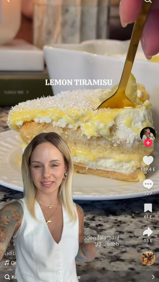 Citromos tiramisu🍋 #lemontiramisu 
Citromkrém:
4 nagy tojássárgája
135 g kristálycukor
1 evőkanál reszelt citromhéj (kb. 1 citrom héja)
80 ml frissen facsart citromlé
1 csipet só
85 g sótlan vaj (szobahőmérsékletű)

Citromszirup:
240 ml víz
180 ml frissen facsart citromlé
100 g kristálycukor

Mascarponés krém:
250 g mascarpone (szobahőmérsékletű)
1 evőkanál reszelt citromhéj
360 ml habtejszín (legalább 30%-os)

1. Citromkrém

1. Reszeld le a citromok héját, majd facsard ki a levüket.
2. Egy kisebb lábasban forralj fel kb. 5 cm magasan vizet, majd vedd vissza gyöngyöző forrásra.
3. Egy hőálló tálban keverd össze:
 * a tojássárgáját,
 * a cukrot,
 * a citromhéjat,
 * a citromlevet,
 * a sót.
4. Tedd a tálat a lábas fölé úgy, hogy az alja ne érjen a vízhez.
5. Folyamatos habverés mellett főzd kb. 10 percig, amíg besűrűsödik.
6. Vedd le a tűzről, majd keverd bele a vajat.
7. Fedd le úgy, hogy a fólia közvetlenül érintse a krém felszínét, és tedd hűtőbe.

2. Citromszirup

1. Egy lábasban keverd össze:
 * a vizet,
 * a citromlevet,
 * a cukrot.
2. Forrald fel.
3. Kevergesd, amíg a cukor teljesen feloldódik.
4. Forrald még kb. 5 percig.
5. Hagyd teljesen kihűlni.

3. Mascarponés krém

1. Egy nagy tálban verd fel:
 * a mascarponét,
 * a habtejszínt,
 * a citromhéjat.
2. Kemény habot kapj, de ne verd túl.

4. Rétegezés

1. A babapiskótákat gyorsan mártsd a kihűlt citromszirupba.
2. Rakj egy réteget egy kb. 20×20 cm-es tál aljára.
3. Kend rá a mascarponés krém felét.
4. Erre jöjjön a citromkrém fele.
5. Ismételd meg:
 * babapiskóta,
 * mascarponés krém,
 * citromkrém.

Pihentetés

* Minimum 4 óra hűtőben.
* A legjobb, ha egy egész éjszakát áll.