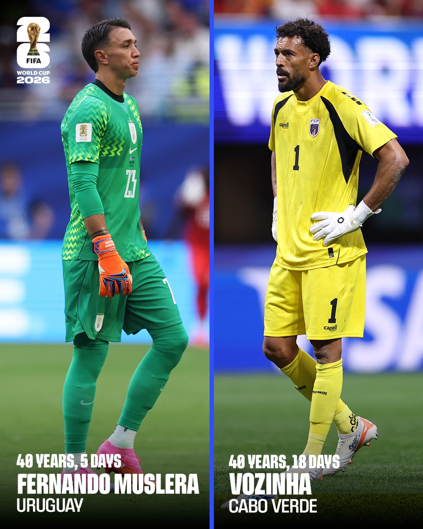 Did you know: Uruguay’s Fernando Muslera and Cabo Verde’s Vozhina became the first pair of players over the age of 40 to meet in a @FIFAWorldCup match? 🙌