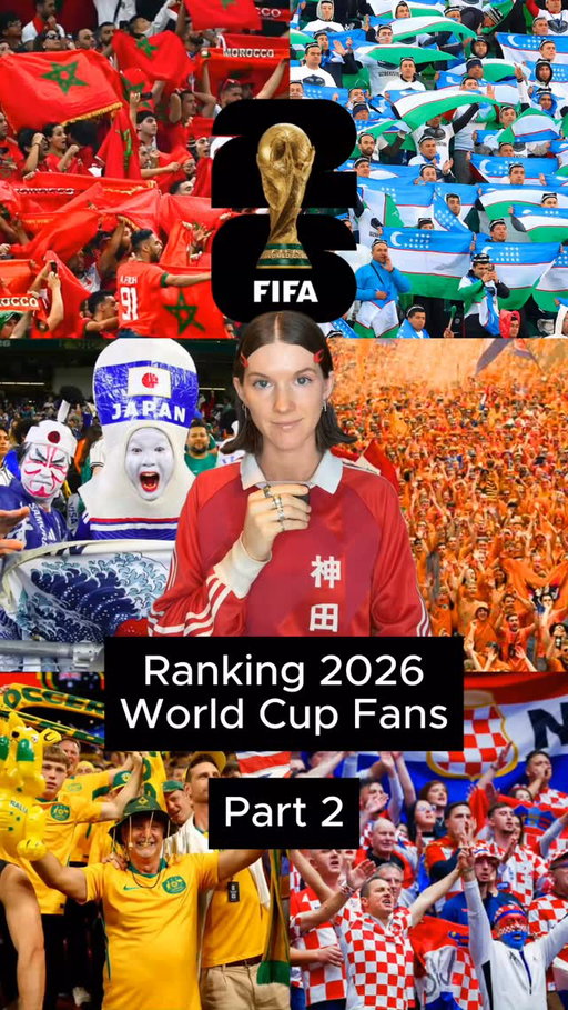 Ranking the FIFA World Cup Fanbases - Part 2

⚽ Japan 
⚽ Netherlands
⚽ Australia 
⚽ Germany 
⚽ Croatia
⚽ Bosnia
⚽ England
⚽ Morocco 
⚽️ Uzbekistan 

From Japan fans cleaning up after matches and the Netherlands’ famous Oranje Army, to Australia’s nonstop chants, Germany’s American food adventures, Croatia’s massive flag marches, Bosnia’s street-party atmosphere, England embracing rodeos and line dancing, Morocco turning entire city blocks into celebrations, and Uzbekistan bringing incredible pride and underdog energy to their historic tournament run. These are the fanbases taking over my timeline so I ranked the World Cup fanbases having the biggest viral moments right now. (All are S-tier really).
