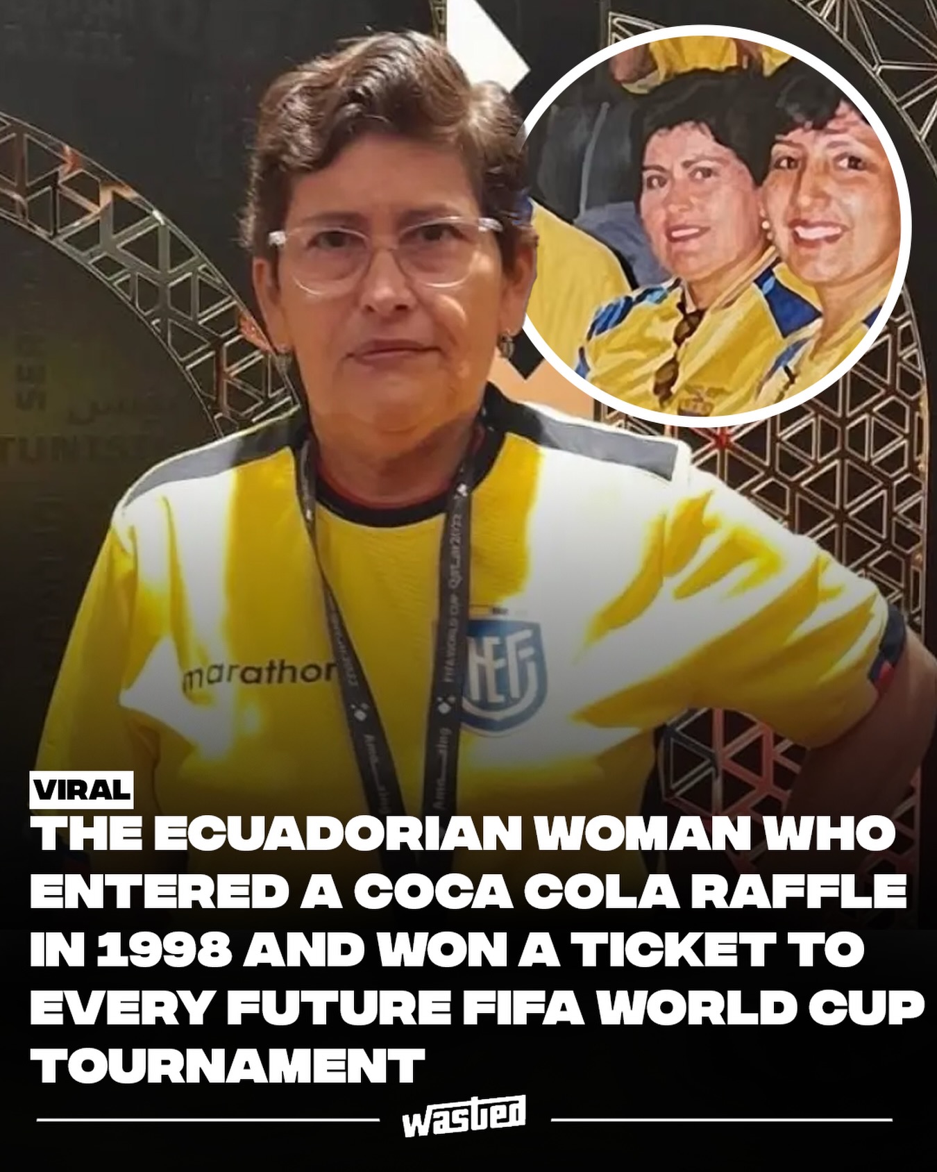 María del Jesús Pinargote is an Ecuadorian woman whose life changed forever in 1998, when she won a Coca-Cola promotional contest tied to that year's World Cup in France. The prize was extraordinary: the right to attend every FIFA World Cup for the rest of her life, with airfare, accommodation, and match tickets covered, plus a companion. Only two people in all of Latin America won it, Pinargote and one person in Peru.

What made it more remarkable is that Pinargote, from the rural parish of Canuto in Manabí province, had never boarded a plane or left Ecuador before. Her very first flight was to France in 1998. When she got the call, she assumed it was a prank, and sent her husband to verify it was real. "We were jumping for joy," she recalled.

From there, the contest became a decades-long journey. She attended seven consecutive World Cups, France, South Korea/Japan, Germany, South Africa, Brazil, Russia, and Qatar, often carrying the Ecuadorian flag into stadiums. The story carries a poignant turn, though: now in her mid-60s and recovering from a stroke, Pinargote is unable to travel to the 2026 World Cup, marking the first edition she has watched from home since her win.

Sources: beIN Sports, Colombia One, CNN.