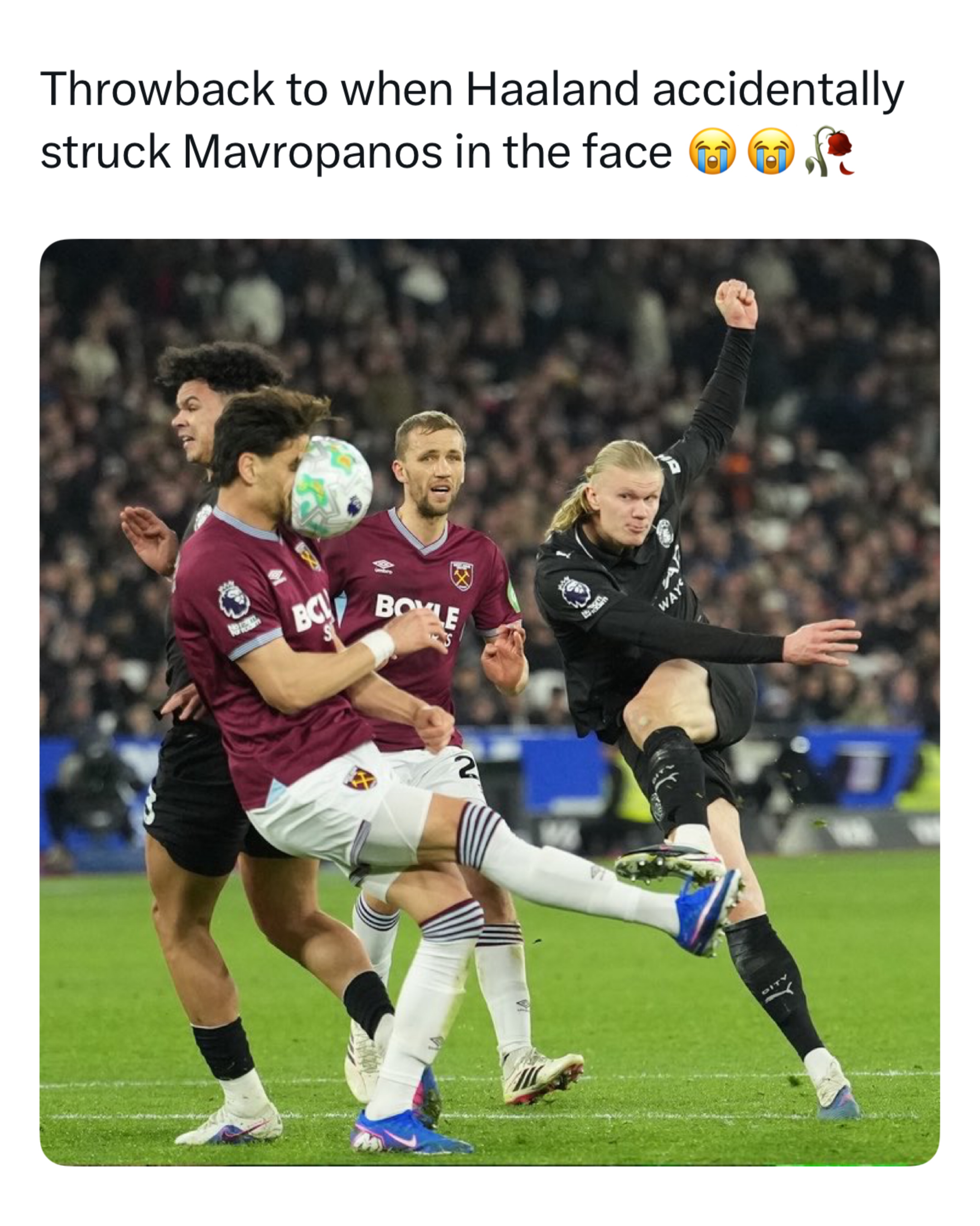 Haaland’s shot had one destination and Mavropanos’ face filed the wrong flight plan 😭⚽

You know a strike is powerful when the defender blocks it and everyone still feels bad for him. At that point you’re not defending the goal anymore, you’re conducting impact testing for the Premier League.

Most defenders try to block the ball with their feet. Mavropanos chose a much more personal approach. The clearance was successful. His face, however, had other plans.
