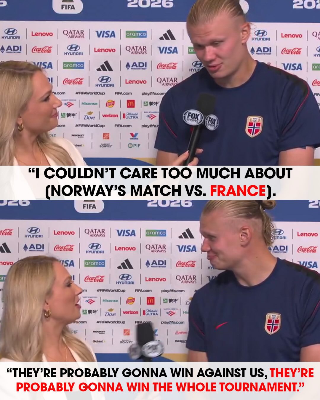 ERLING HAALAND BRUTALLY HONEST 😂

When asked about Norway’s chances against France in the last game of Group I, the striker said “he couldn’t care too much.”

“They’re probably gonna win against us,” he told Fox Sports. “They’re probably gonna win the whole tournament.” 

Pep Guardiola taught this man well 😅