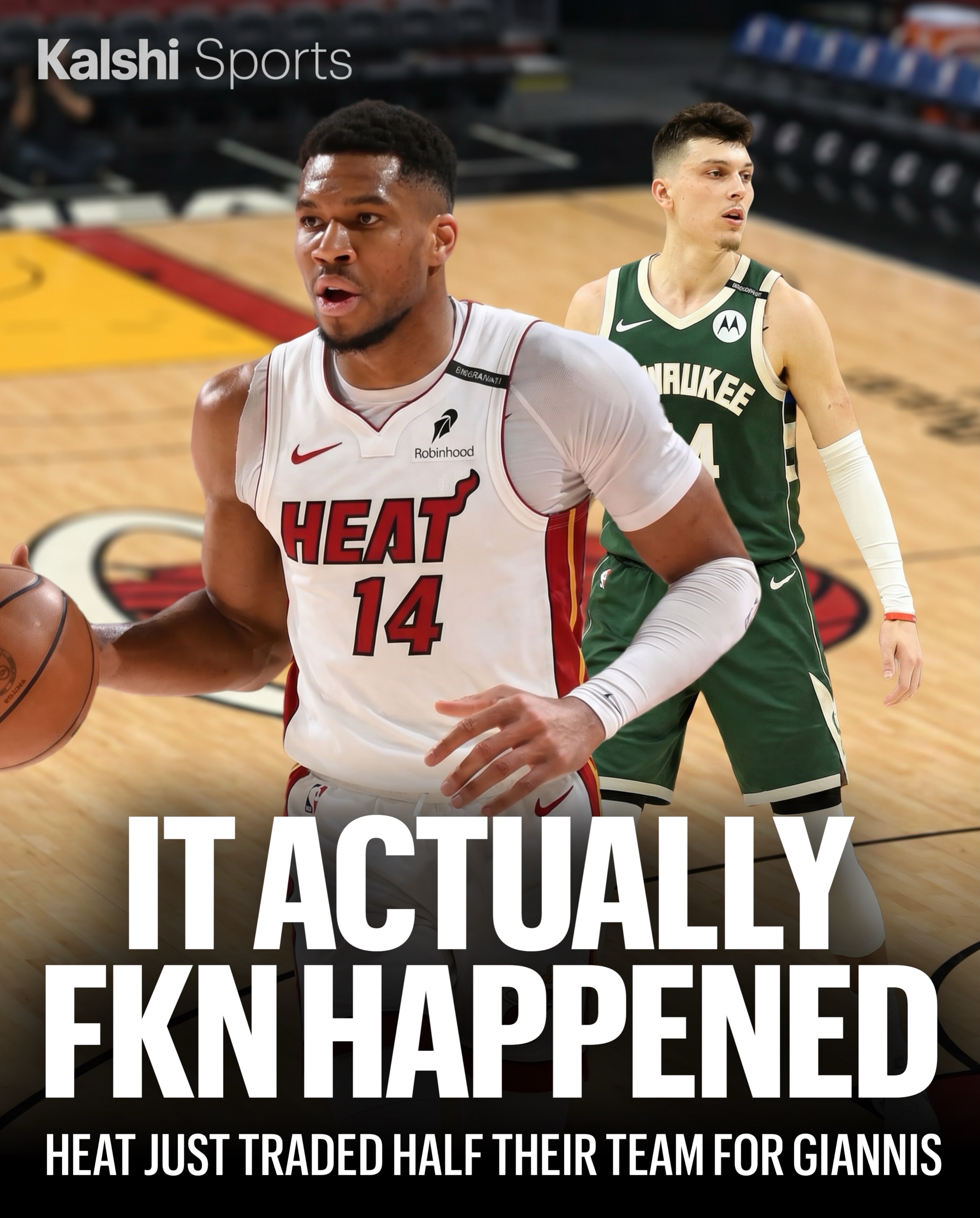 BANGGGG 

The Giannis trade rumour era is OVER. 

He is now a member of the Miami Heat - and they sent a HAUL to get him. SWIPE to see what was exchanged…. It’s insane. 

The Heat now have a 7% chance to win the 2027 NBA Championship on Kalshi