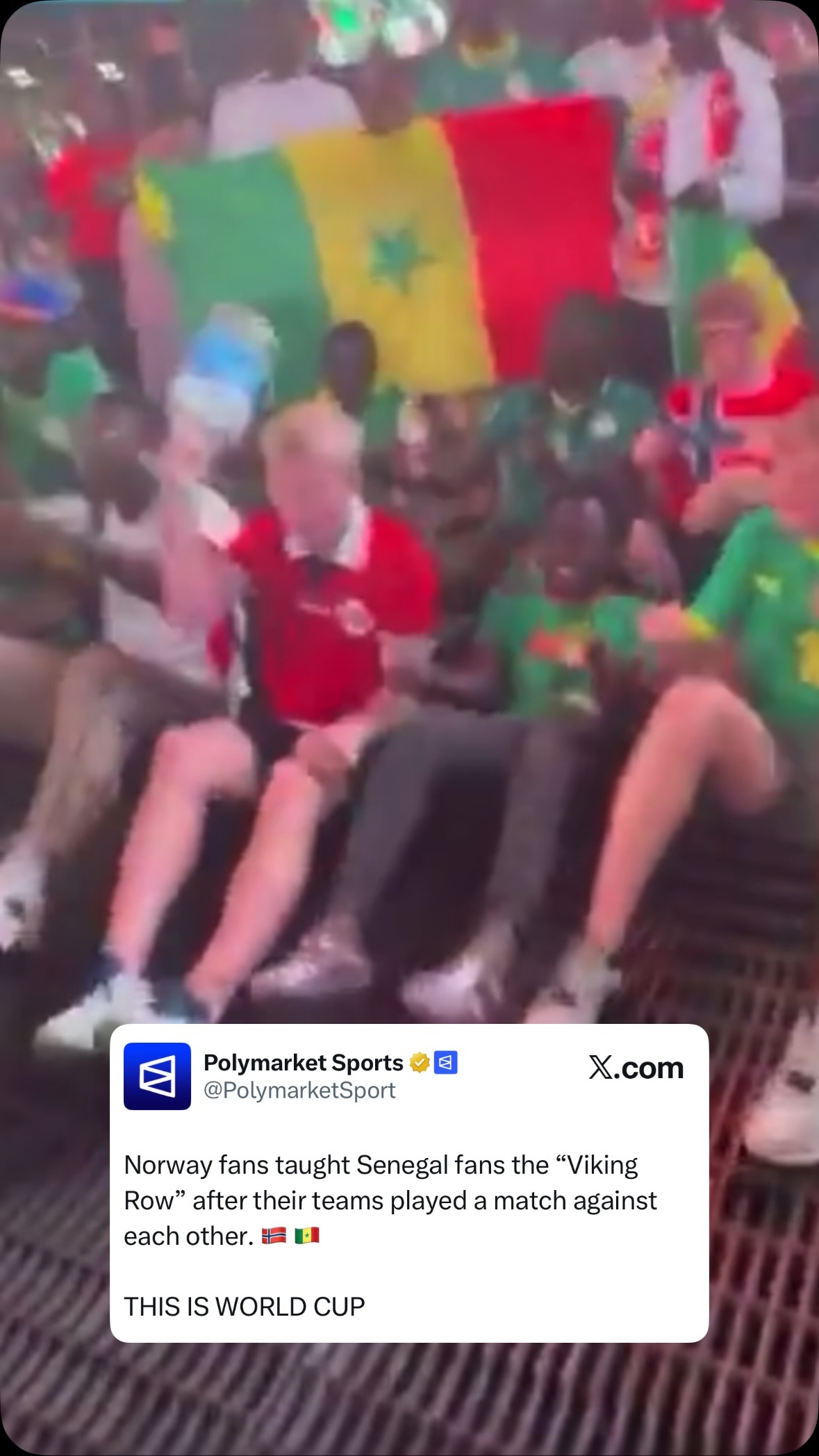 Norway fans taught Senegal fans the “Viking Row” after their teams played a match against each other. 🇳🇴 🇸🇳

THIS IS WORLD CUP

🎥 Nedu_brazil01 / X