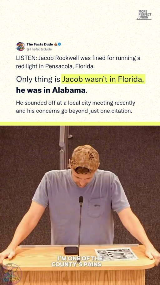 Watch Jacob Rockwell, a man fined for running a red light in Florida while being in Alabama, pop off against the use of the A.I. red light cameras that were used to "identify" him.