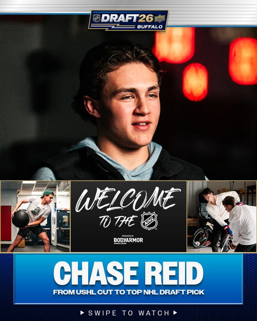 Chase Reid (@cjreid_94) has gone from being scratched in the USHL to becoming one of the top 2026 #NHLDraft prospects. 💪

Welcome to the NHL presented by @drinkbodyarmor