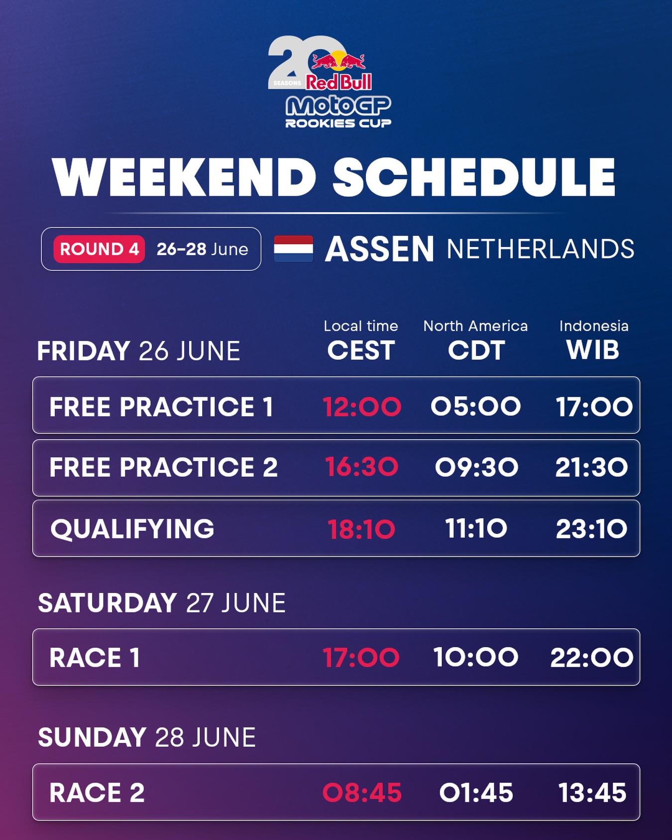 All the timings you need for this weekend’s #DutchGP 🇳🇱

Watch the races live on Facebook, Red Bull TV, or YouTube 🔗 link in bio!

#RedBullRookiesCup #RoadToMotoGP #MotoGP #Racing