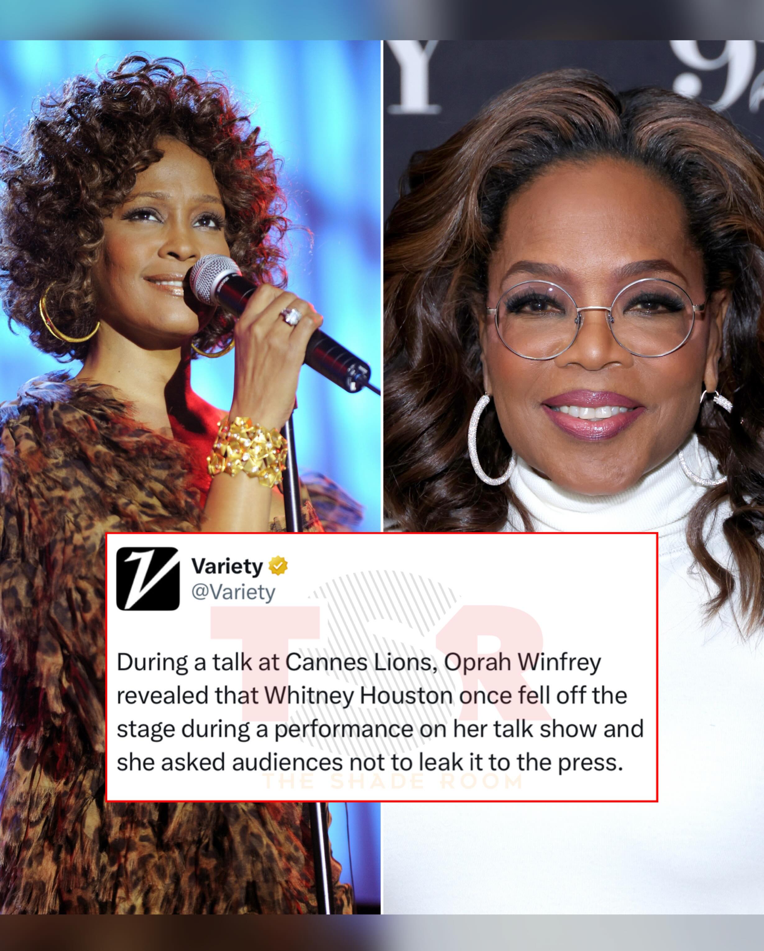 #OprahWinfrey recently appeared at Cannes Lions, where she was honored with the festival’s LionHeart Award. While speaking with the audience, she reflected on her career, her school in South Africa, and more. 
____________________________________
According to @variety, while speaking, Oprah reflected on some of her memorable interviews with #WhitneyHouston. She said, “We did the whole, ‘Hey girl, how you doing?’ greeting thing and then I stopped the cameras and I went behind stage and I said, ‘So tell me, what do you want to happen here? And I’m gonna tell you what I want to happen here, and that was one of the most powerful interviews.” 
____________________________________
She went on to say, “The first interview I did with her when we’d gone behind stage and I asked her about her intention, she was clean, but the day she came to my show then to perform in front of the audience, she was not, and she fell off of the stage.”
____________________________________
Oprah explained that her audience was asked not to speak about the fall, and shared that they did not. She added, “I knew that if that story got out…she would be destroyed by that.” (📸: @gettyimages) ✍🏾: #TSRStaffJW