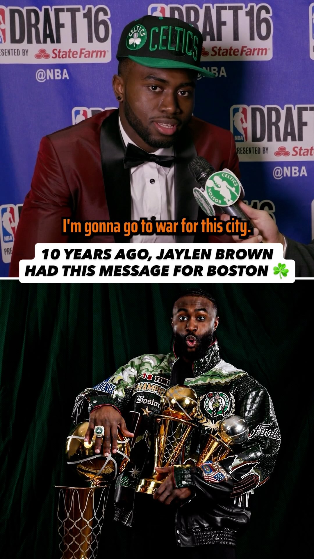 10 years ago today, the Boston Celtics selected Jaylen Brown with the third overall pick in the 2016 NBA Draft ☘️

This was his message to the city 🗣️ 

(🎥 via @Celtics)