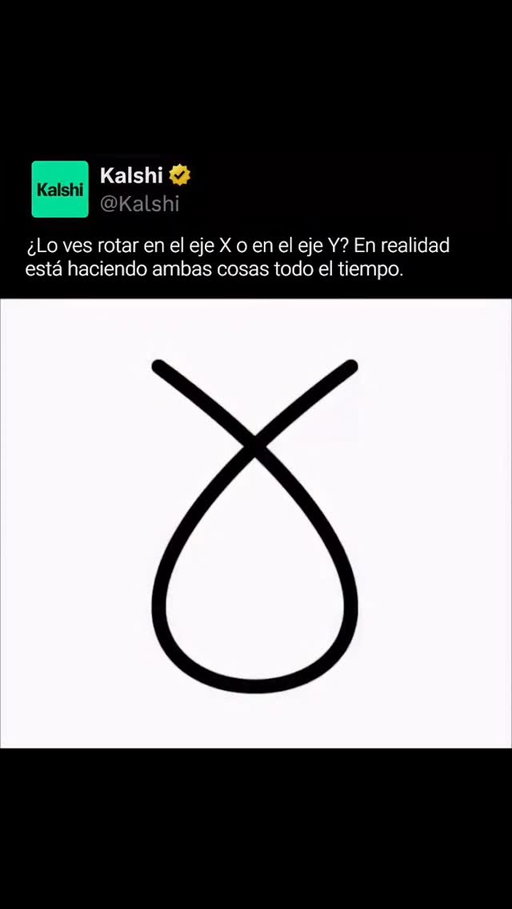 Lo que ves no es un objeto 3D, sino una animación plana en 2D diseñada sin pistas de profundidad (como sombras o bordes). Al carecer de datos geométricos, tu corteza visual se ve obligada a inventar la profundidad en tiempo real, creando un fenómeno neurológico llamado percepción biestable.

Al principio, tu cerebro puede interpretar que la línea gira horizontalmente (eje Y). Sin embargo, cuando los círculos rojos y verdes resaltan ciertas intersecciones, tu atención cambia, obligando a tu cerebro a recalcular la geometría e "invertir" el modelo mental. Esto hace que la forma parezca girar verticalmente (eje X). La animación nunca cambia de dirección; es tu cerebro el que cambia de opinión.

#kalshi #kalshiespañol