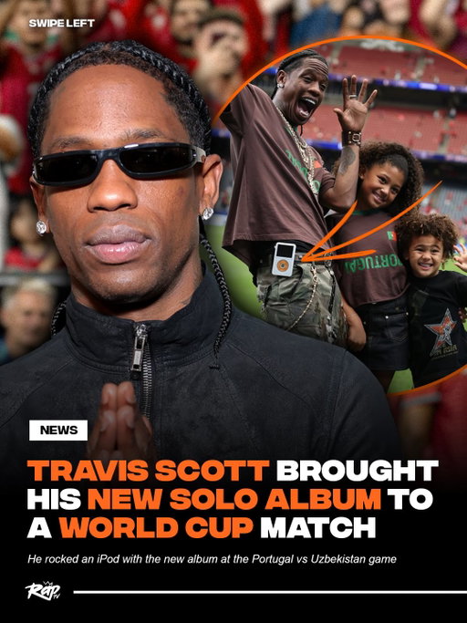 #TravisScott’s new album was spotted at the World Cup‼️

He rocked an iPod with his upcoming solo album while he watched the Portugal vs Uzbekistan match with his kids Stormi and Aire ⚽

Travis previously told announcers at the Champions League Final that he’s been carrying the album on an iPod to keep it “safe” 👀

Are y’all excited to hear it⁉️