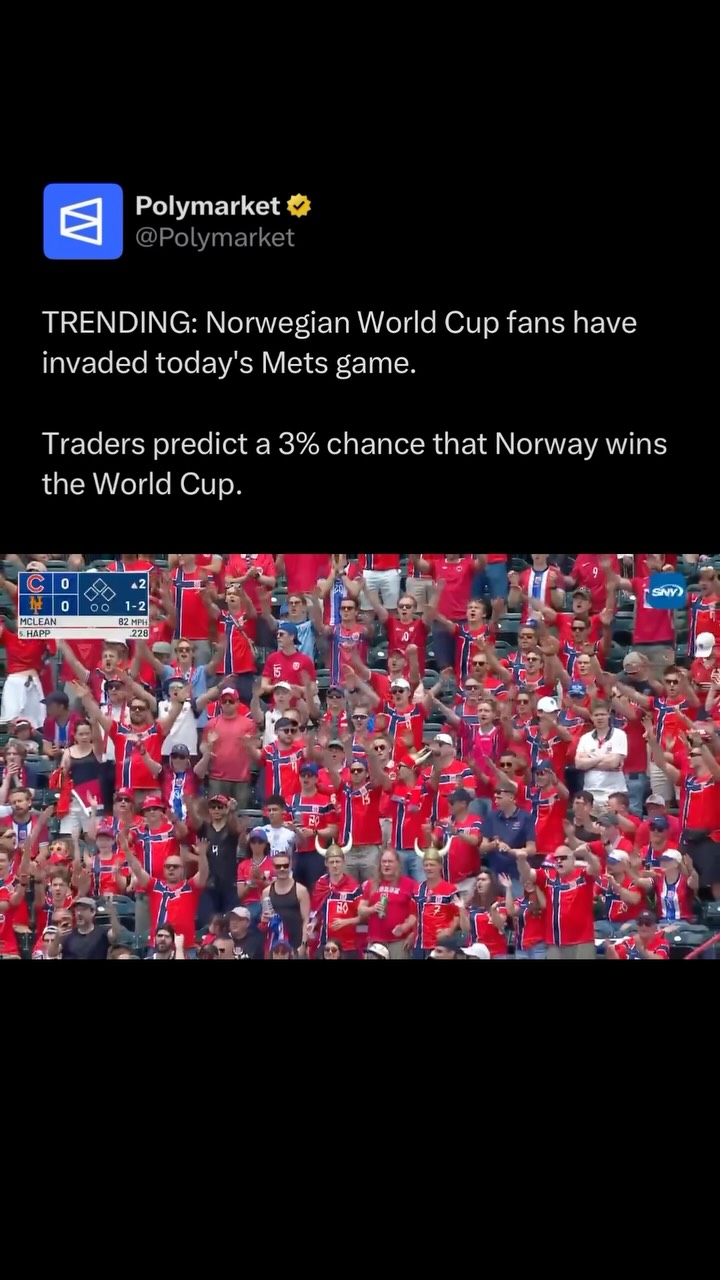 Norwegian soccer supporters transformed Citi Field on Wednesday as they brought their trademark “Viking Row” celebration to Major League Baseball during the first game of a doubleheader between the Chicago Cubs and New York Mets. 

Riding the momentum of Norway’s historic run to the knockout stage of the World Cup for the first time in 28 years after consecutive opening victories, hundreds of fans packed an entire section of the stadium. 

Traders predict a 19% chance Norway will be eliminated in the quarterfinals.