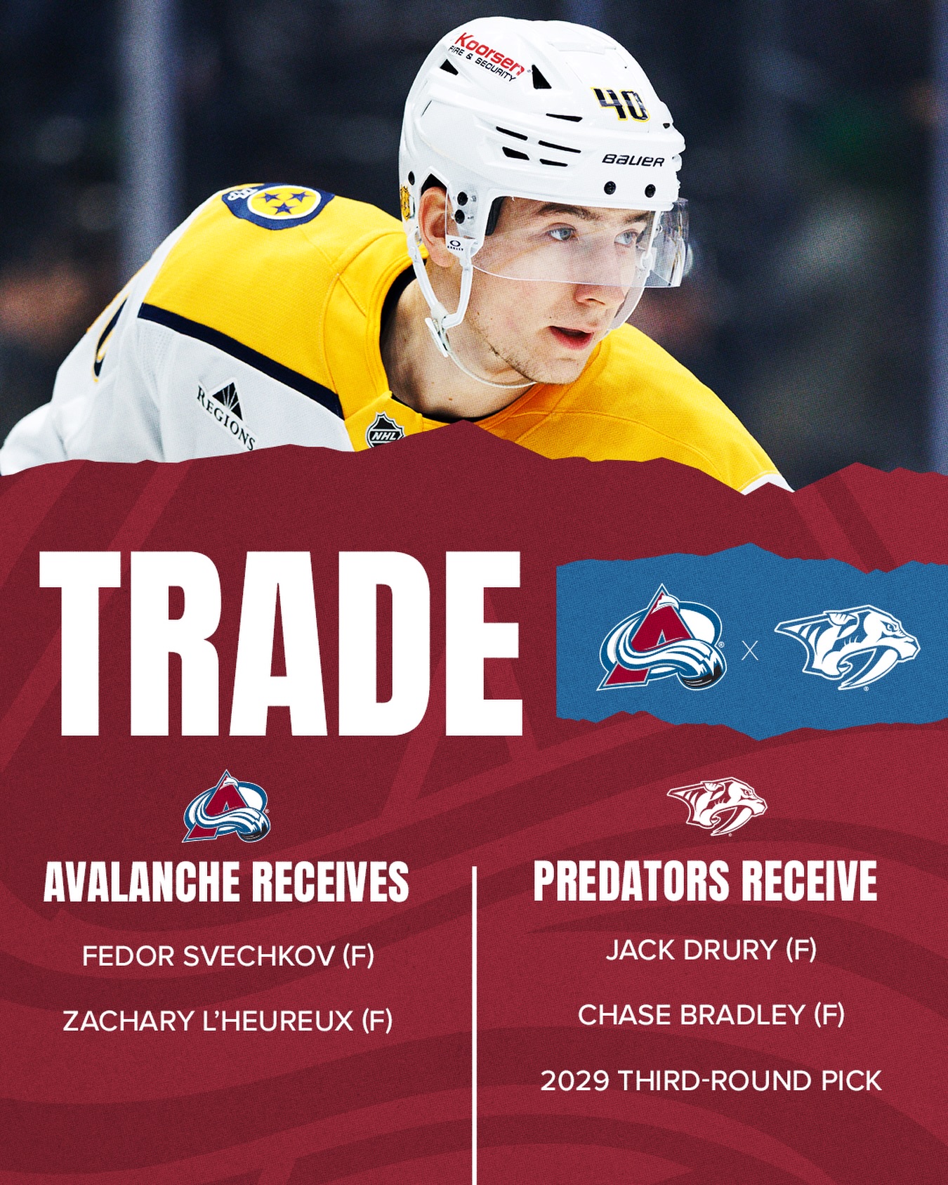 We have acquired forwards Fedor Svechkov and Zachary L’Heureux from the Nashville Predators in exchange for forwards Jack Drury, Chase Bradley and a third-round pick in the 2029 NHL Draft.