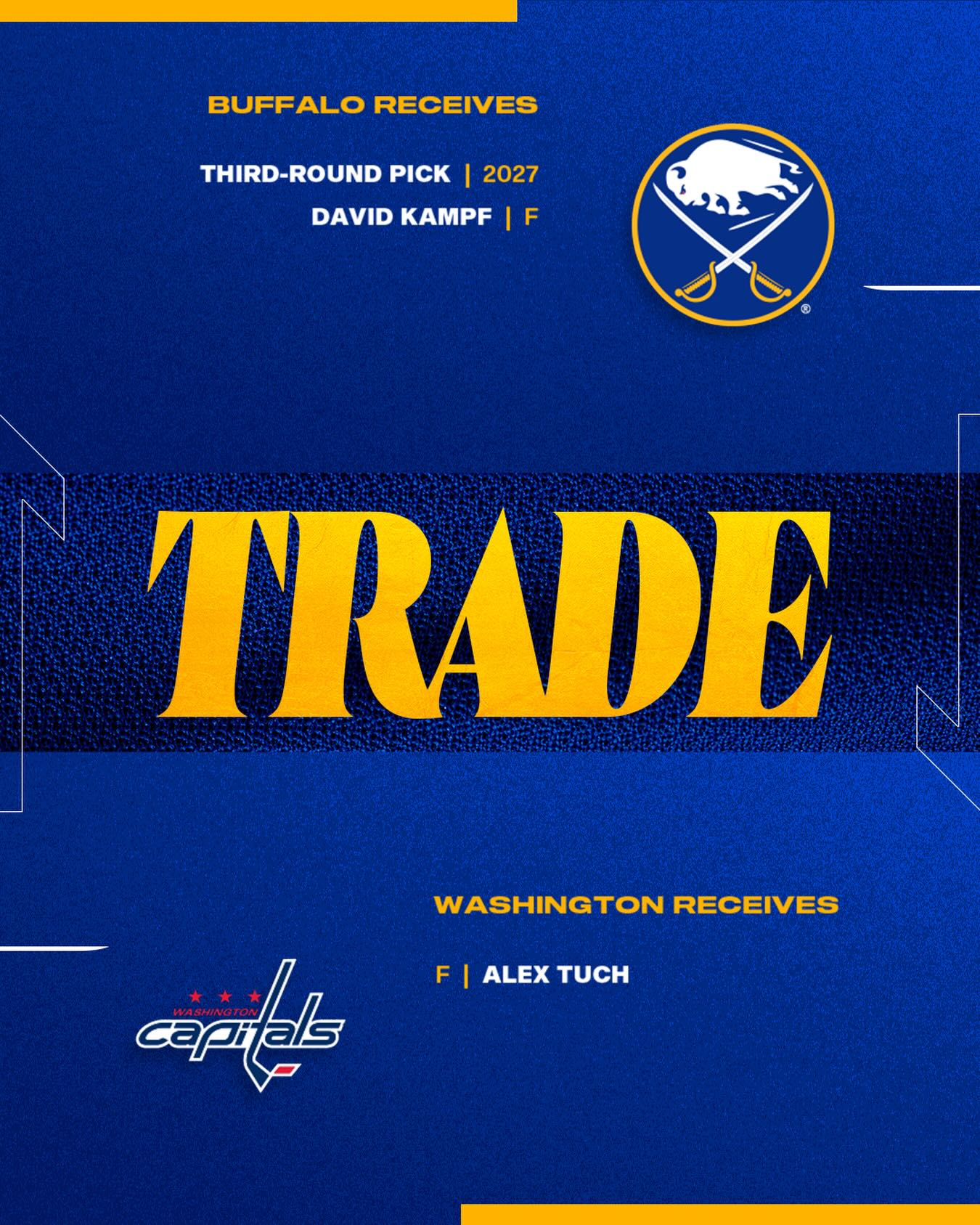 We have acquired a third-round pick in the 2027 NHL Draft and forward David Kampf from the Washington Capitals in exchange for forward Alex Tuch.