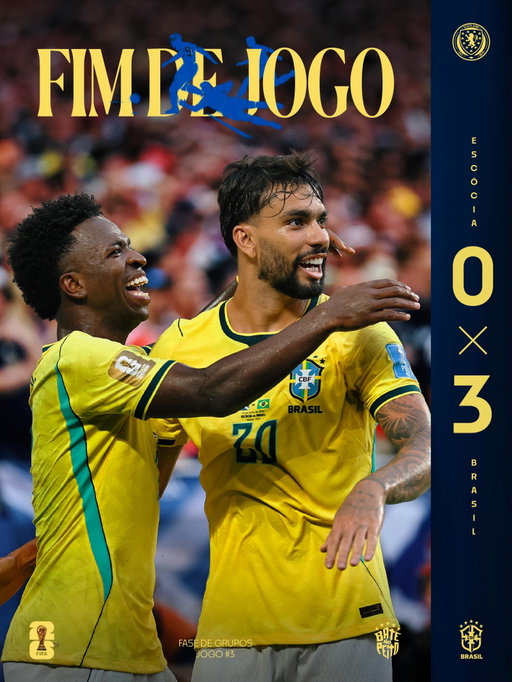 FIM DE JOGO EM MIAMI!

🏴󠁧󠁢󠁳󠁣󠁴󠁿 0 x 3 🇧🇷

⚽️ VINI JR.
⚽️ VINI JR.
⚽️ CUNHA

FASE DE GRUPOS ENCERRADA! 🇧🇷🏆

A Seleção Brasileira fecha sua participação na primeira fase da Copa do Mundo FIFA 2026 e agora volta suas atenções para mais um desafio.

Que venha a próxima etapa!

#BateNoPeito
ISSO É BRASIL! 🇧🇷