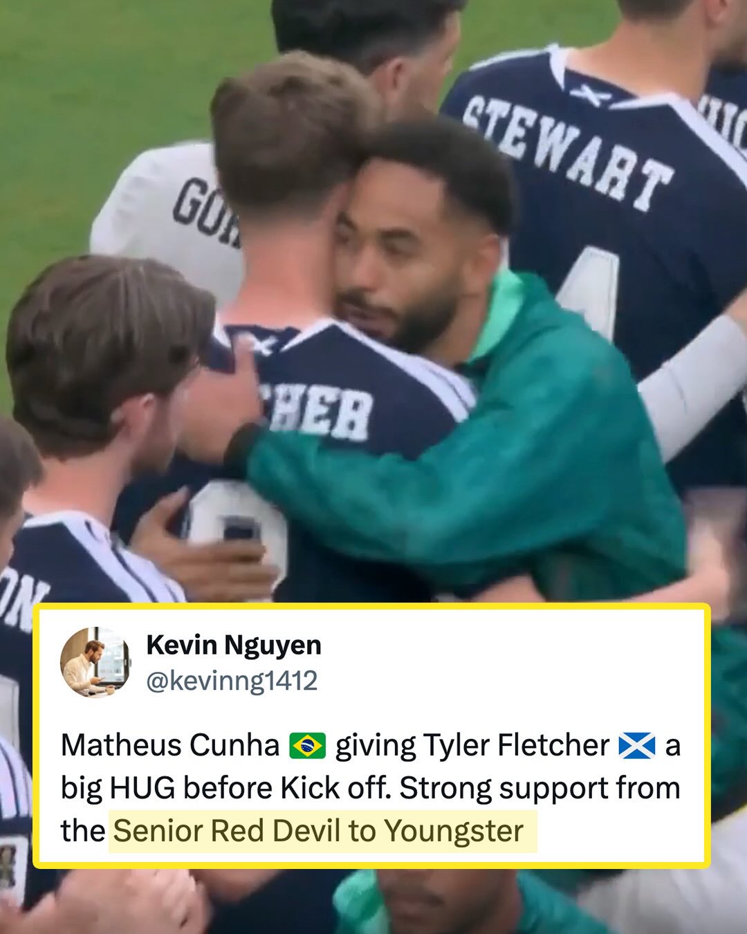 RED DEVILS REUNION 😈

Manchester United’s Matheus Cunha and Tyler Fletcher started against one another for Brazil and Scotland, respectively, on Tuesday at the World Cup. The veteran Cunha set a strong example for his young club teammate, showing him lots of love during the pregame handshakes ❤️

Brazil beat Scotland, 3-0, leaving the Scots to need a lot of results to go their way to advance to the knockout stage.