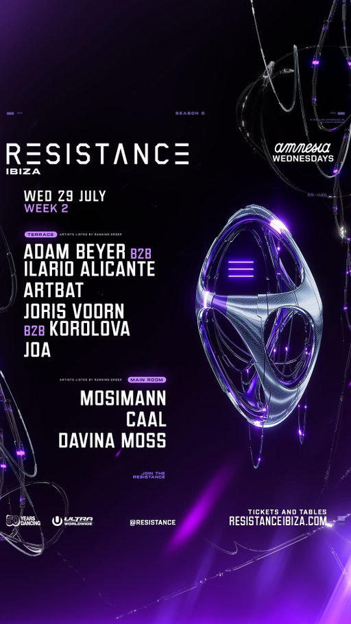 No slowing down in Week 2 of RESISTANCE Ibiza 

Terrace: 
@realadambeyer B2B @ilarioalicante 
@artbatmusic 
@jorisvoorn B2B @korolova.dj 
@joajoa

Main Room:
@mosimann
@caalmusicofficial
@davina_moss

Wednesday, 29 July on the legendary Terrace at @amnesiaibiza. 

Tickets available now. Link in bio.