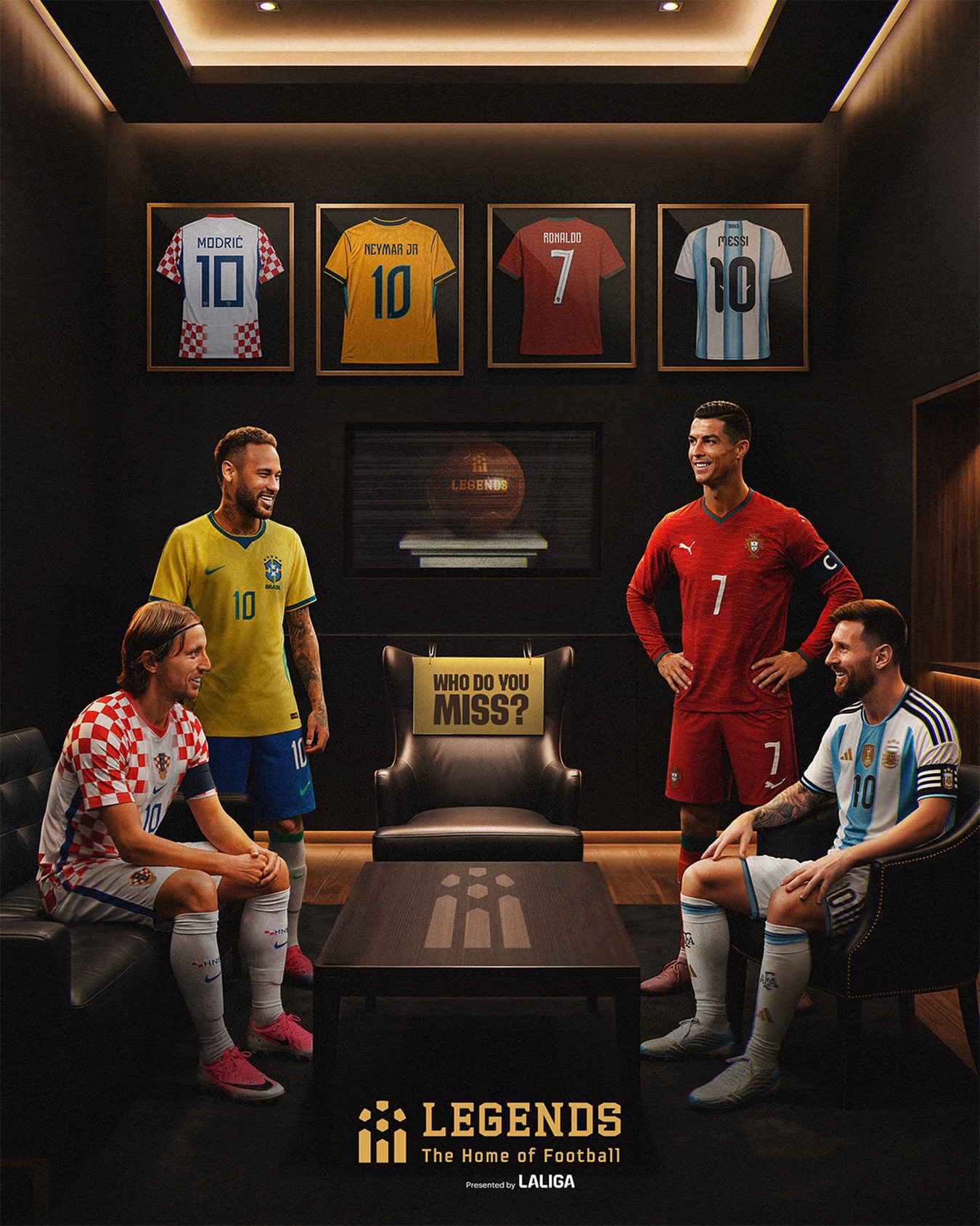 Cristiano Ronaldo y Messi han jugado 6 Mundiales. Modrić, 5, Neymar Jr. 4. 
Cuatro leyendas en la sala… y un sillón esperando a otra.
¿A quién echas de menos? ✨

#Legends