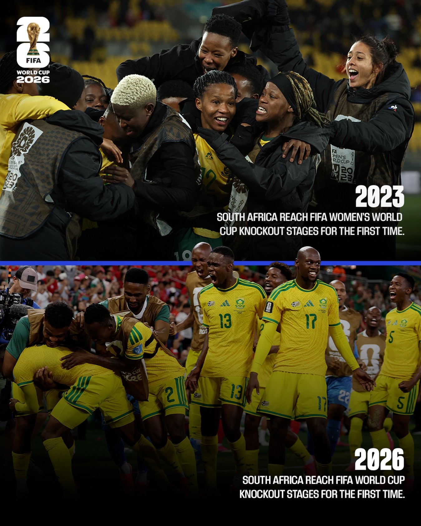 🗓️ 2 August 2023: South Africa reach the @FIFAWomensWorldCup knockout stages for the first time.

🗓️ 24 June 2026. South Africa reach the @FIFAWorldCup knockout stages for the first time.

Pure elation for the nation three years apart! 🇿🇦🙌