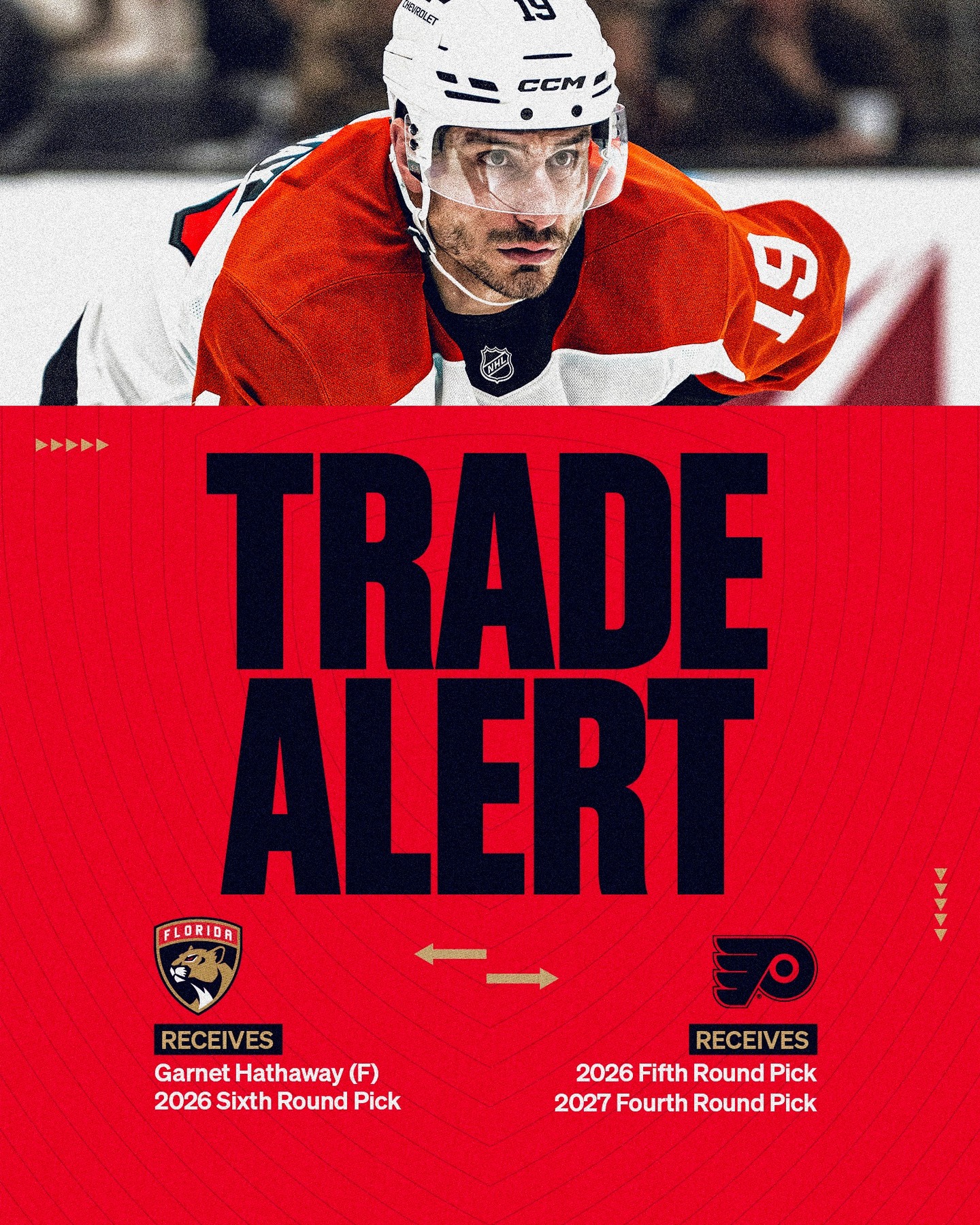 We have acquired forward Garnet Hathaway and a sixth-round selection in the 2026 NHL Draft from Philadelphia in exchange for our fifth-round pick in 2026 and fourth-round pick in 2027.