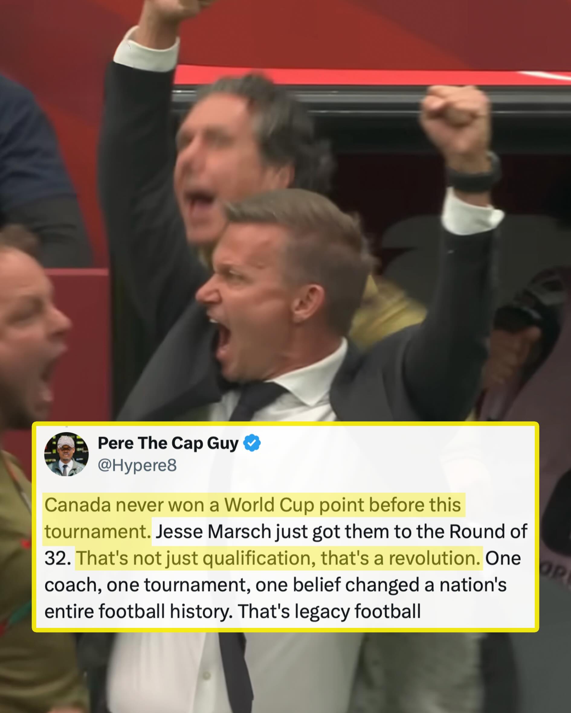 Does Jesse Marsch deserve more respect for getting Canada out of their group? 🇨🇦

Canada’s men have broken barriers this World Cup. First a maiden point, then a win and now through to the knockout rounds. They will break more, becoming the first host nation to play outside of their borders. South Africa await in Los Angeles – will a first-ever knockout victory follow? 🤔