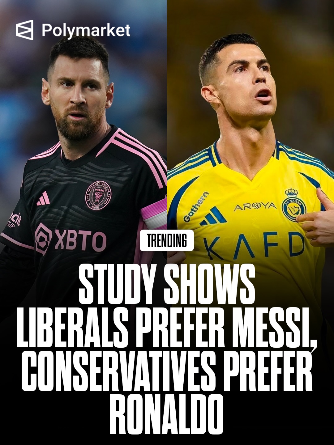 A new international study suggests that whether fans prefer Lionel Messi or Cristiano Ronaldo may be linked to their political beliefs.

Based on responses from more than 10,000 participants across 26 countries, the research found liberals were generally more likely to back Messi, while conservatives tended to favour Ronaldo, with the pattern especially pronounced among younger respondents.

Traders predict a 93% chance Messi will score more goals than Ronaldo at the 2026 World Cup.