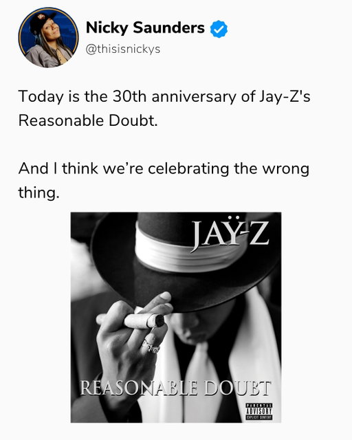 30 years since Reasonable Doubt... But it's bigger than that.

I love that he's getting his flowers while he's still alive. The fact that he is still a topic of conversation in a very relevant way says a lot about him and what he has built.

Drop your favorite song or album from him. Even drop a pic (since IG lets you) of any Jay-Z items you have.

#lionsbehavior
