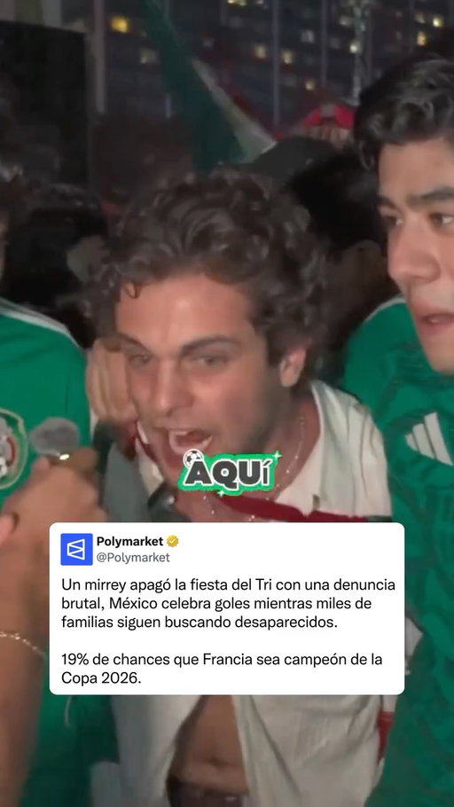Un aficionado mexicano interrumpió la euforia por el Tri con una denuncia sobre los desaparecidos que golpeó en plena celebración.

Mientras el país festejaba goles, su mensaje recordó que miles de familias siguen buscando a sus seres queridos en México.

#México #Mundial2026 #Polymarket