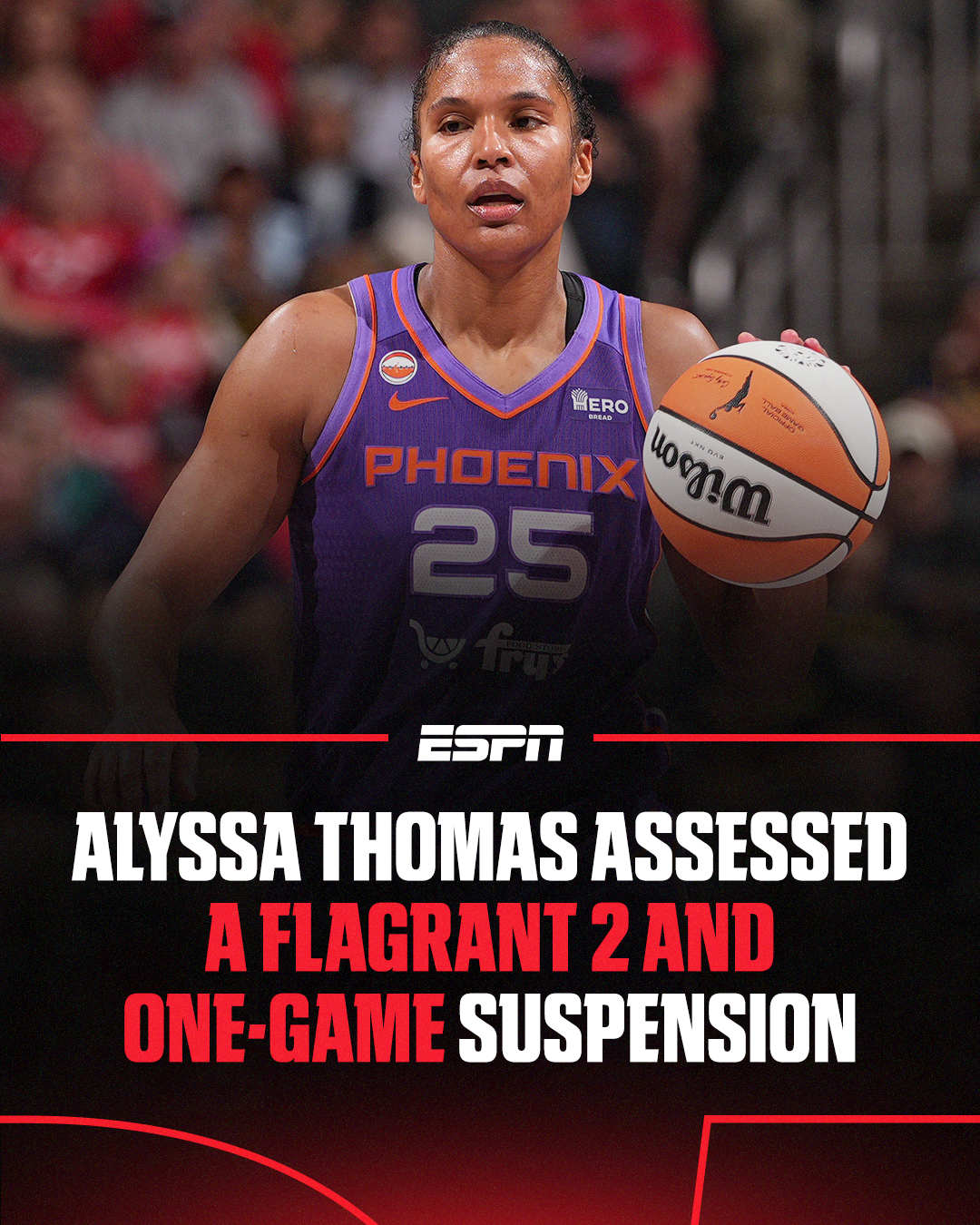 Breaking: Alyssa Thomas is suspended for one game after receiving a Flagrant Foul 2 penalty for recklessly making contact with her fist to the throat area of Caitlin Clark, the WNBA announced.