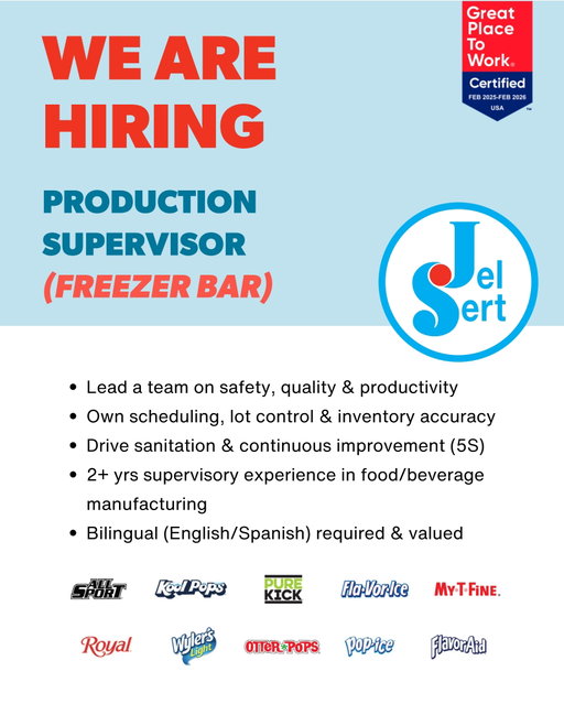 NOW HIRING: Two Production Supervisors

Behind every freezer pop and drink mix is a team that runs like clockwork — and we need two leaders to keep them moving. 🎉 We're hiring two Production Supervisors in West Chicago!

🍦 2nd Shift — Freezer Bar
⚙️ 3rd Shift — Blending (+$2/hr differential)

The ability to lead in both English and Spanish is critical to the role and helps you build trust with the teams you'll guide every shift.

📍 On-site in West Chicago, IL

👉 Find your shift and apply at the link in our bio!

#NowHiring #ManufacturingJobs #WestChicagoIL #ProductionJobs #BilingualCareers #HiringNow #JoinOurTeam #FoodManufacturing