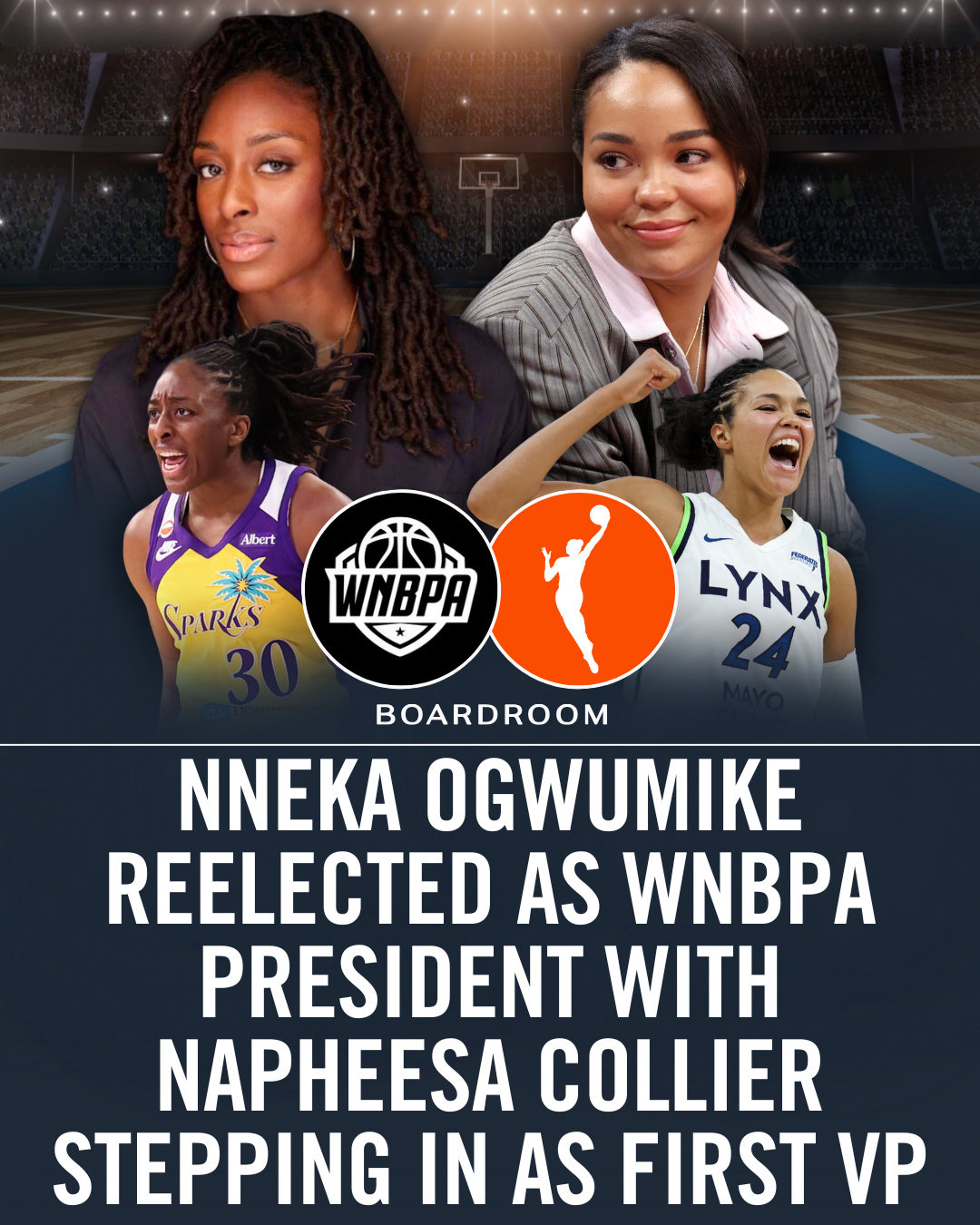 Nneka Ogwumike is staying at the helm of the WNBPA. 🏀⁠
⁠
The veteran forward has been reelected as president of the players' union for a fourth term, extending a leadership run that began in 2016. Most recently, Ogwumike helped lead negotiations on the WNBA's new collective bargaining agreement.⁠
⁠
The union also elected Napheesa Collier as first vice president, replacing Kelsey Plum, who did not seek another term.