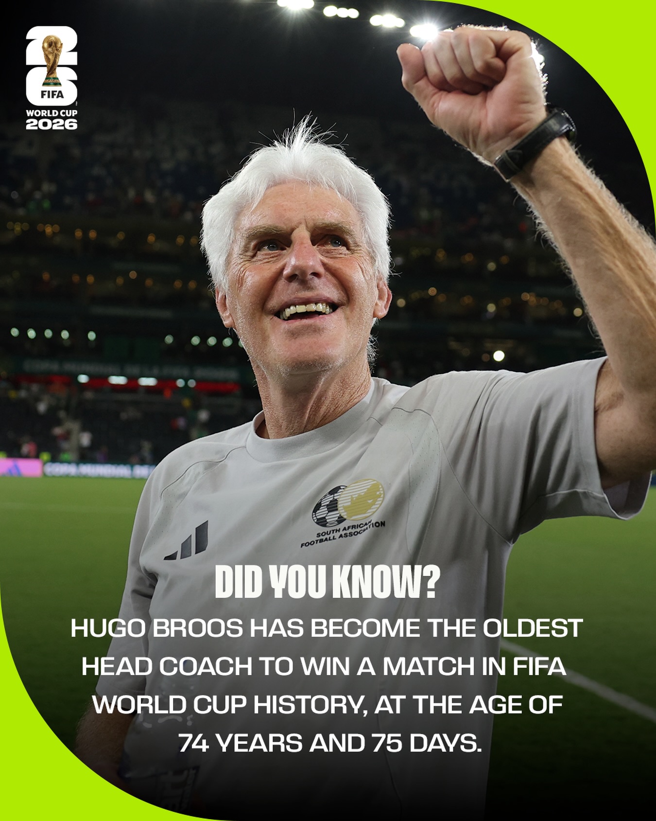 Guiding South Africa to the @FIFAWorldCup knockout stages for the first time ever! 🙌

Hugo Broos is now the oldest head coach to win a match in FIFA World Cup history, at the age of 74 years and 75 days 🇿🇦