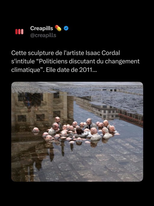 Des dizaines de petits politiciens en costume, à moitié engloutis par l’eau, débattent gravement les pieds dans une flaque géante. Une scène miniature signée @isaaccordal devenue le symbole mondial de notre inertie face au climat.

L’artiste galicien sème ses minuscules sculptures dans les recoins urbains, caniveaux et trottoirs. Cette installation berlinoise, surnommée « Politiciens discutant du changement climatique », résume une vérité en une image.