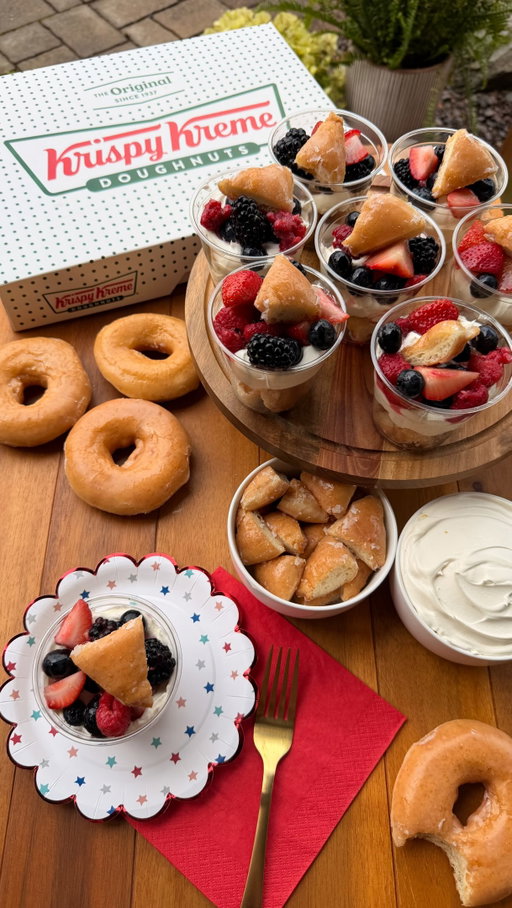 #KrispyKremePartner @krispykreme Doughnut Shortcake Cups are easy to make and perfect for all of your Fourth of July celebrations!

Show your own fun doughnut creations on socials tagging @krispykreme and using #BringFourthTheFun for a chance to be featured on Krispy Kreme’s social media! 

INGREDIENTS
Krispy Kreme Original Glazed Doughnuts 
2 cups strawberries, quartered
1 cup blueberries
1 cup blackberries
1 cup raspberries
1 tbsp sugar
1 tbsp lemon zest 
Whip cream 
9 oz plastic cups 
 
INSTRUCTIONS 
Add all of the berries to a bowl with sugar and lemon zest. Stir and set aside. 
 
Cut Krispy Kreme doughnuts into 8 pieces. Add 4 pieces of doughnut to the bottom of the cup. 
 
Top the doughnuts with a dollop of whip cream and a spoonful of the mixed berries. Top the cup with a piece of doughnut and enjoy! 
 
#easyrecipes #summerdesserts
