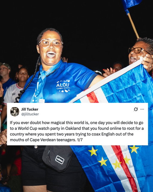 Jill Tucker spent two years with the Peace Corps as an English teacher in Cape Verde. The experience profoundly changed her life. Over 30 years and 6,000 miles later, she encountered one of her students at a World Cup watch party in Oakland.

A brilliant story from the greatest tournament on earth.