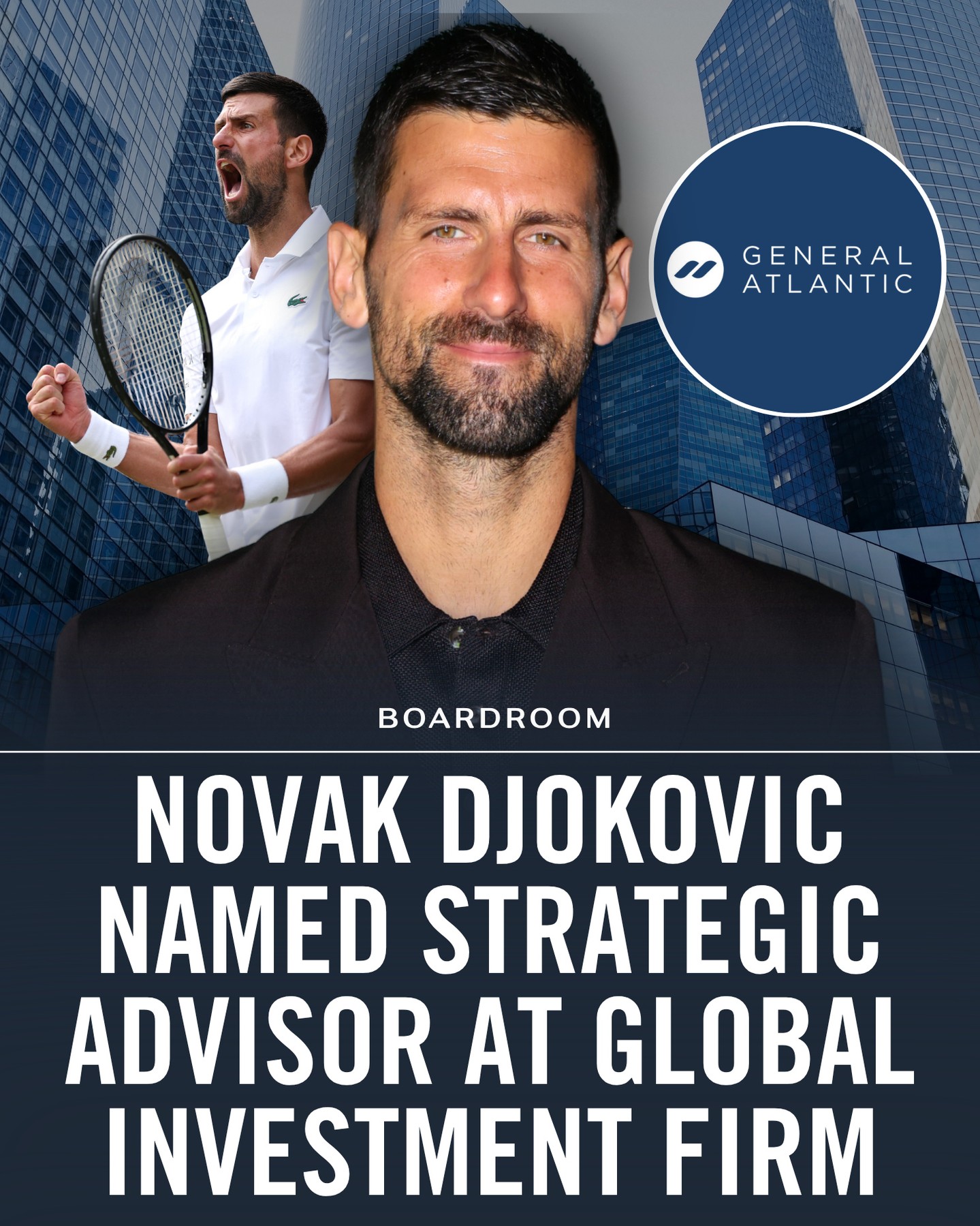 The 24-time Grand Slam champion is making his first major move in private equity.⁠
⁠
Novak Djokovic has joined General Atlantic as a global strategic advisor, where he’ll help source investments and advise the firm’s leadership as it expands further into sports, health, and wellness.⁠
⁠
Djokovic said he’s particularly interested in opportunities across sports technology, healthcare, and wellness, adding that he’d even be open to investing alongside longtime rivals Roger Federer and Rafael Nadal in the future.⁠
⁠
(via @bloombergbusiness)