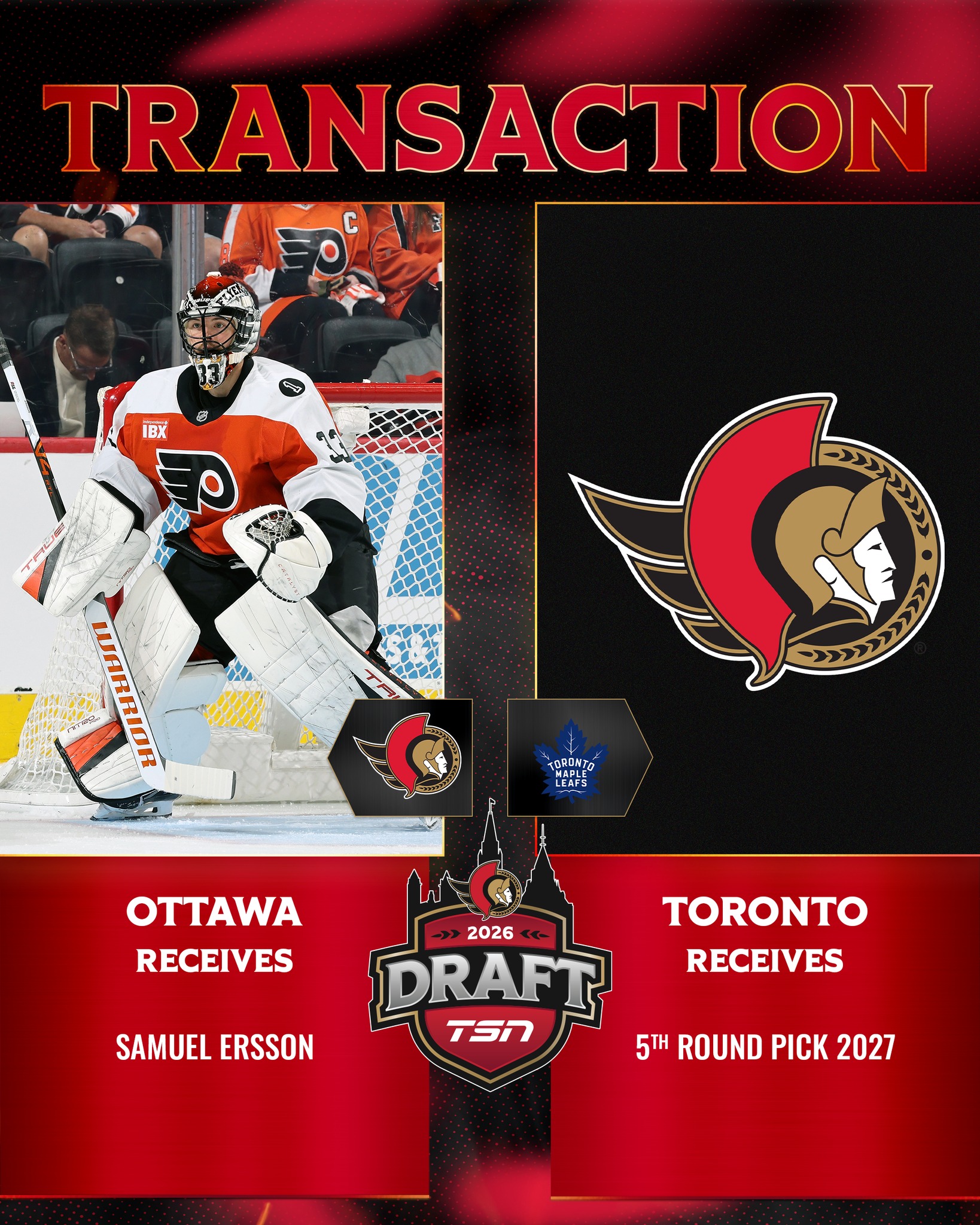 TRADE ALERT: The #Sens have acquired goaltender Samuel Ersson from the Toronto Maple Leafs in exchange for a 5th round pick in the 2027 NHL Draft.