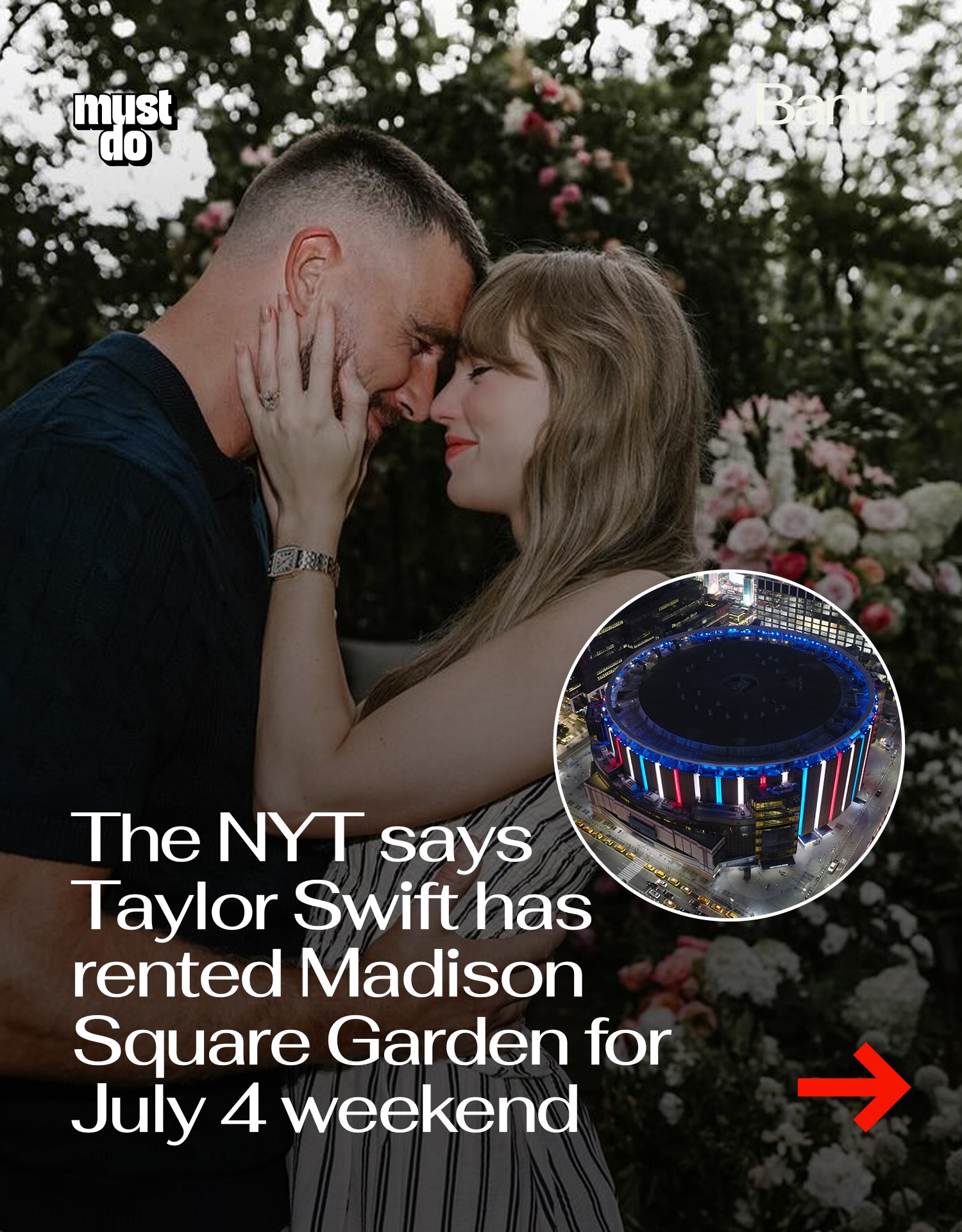 This NYC summer is really one for the record books 🤯

According to The New York Times, Taylor Swift has reportedly rented Madison Square Garden for the July 4 weekend, with plans said to include an intimate gathering on July 2 followed by a larger celebration on July 3.

The report also says street closure permits have been filed around the arena, though neither Swift nor Travis Kelce has confirmed the plans.

If the reports are accurate, it would be one of the biggest celebrity weddings in recent memory.

By the way, we have a weekly newsletter rounding up all of the biggest stories so you don’t have to. One newsletter, once a week. Link in bio.

Media via Shutterstock/Instagram/Twitter

#mustdonyc #taylorswift #bantrwomen