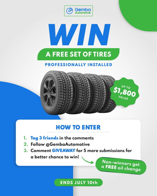 🎉 BIGGEST GIVEAWAY OF THE SUMMER! 🎉

Want to win a FREE set of tires professionally installed? We are giving one lucky winner a complete tire upgrade worth up to $1,800! 

Even if you don’t win the grand prize, everyone who enters gets a FREE oil change just for participating! 🛠️

🚨 HOW TO ENTER:
1️⃣ Tag 3 friends in the comments below.
2️⃣ Follow @GembaAutomotive
3️⃣ Comment "GIVEAWAY" to get 5 bonus entries and boost your chances to win!

📅 DETAILS:
Value: Up to $1,800 in premium tires and expert installation.
Bonus: Non-winners automatically receive a FREE oil change.
Deadline: Giveaway ends on July 10th.

Don’t drive on worn-out tires this summer. Enter now, get your free oil change, and give your vehicle the safety and smooth ride it deserves! 🚗

 #Arizona #PhoenixAZ #VehicleMaintenance #cartips #automotive