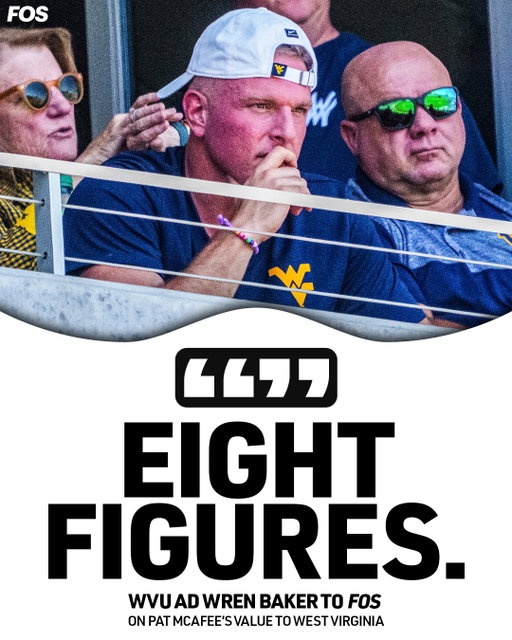 What is Pat McAfee's value to West Virginia, his alma mater he constantly champions? ⁠
⁠
"Maybe eight figures," WVU AD Wren Baker tells FOS. "I tell Pat all the time how grateful and thankful we are."⁠
⁠
Full story in bio.