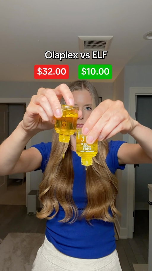 Olaplex No 7 Bonding Oil vs ELF Gloss Mode Treatment Oil! Both of these claim to provide 450° of heat protection, soften, smooth & tame frizz. Olaplex repairs damage with their patented bond repair ingredient, while ELF obviously does not have that bond repair ingredient & just claims to strengthen hair. So ELF isn’t an actual dupe of Olaplex in that sense, but it does have the same claims and look… identical. So clearly it was inspired by Olaplex. Can you tell a difference between them visually? Will do a deep dive comparison review with my final thoughts soon!

#elf #elfhair #elfhaircare #olaplex