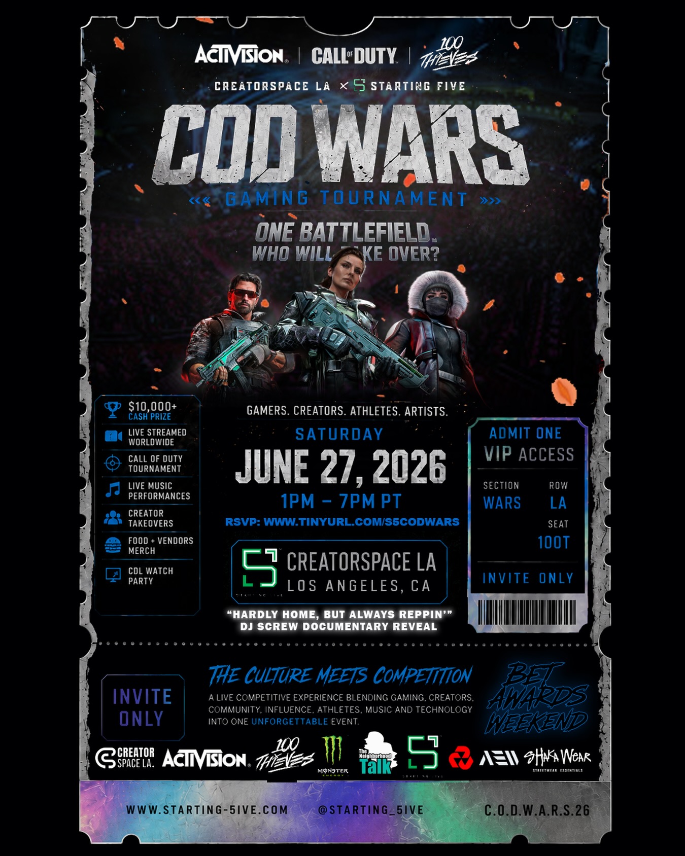 BET Awards Weekend gets a new battleground.
@starting_5ive and @100thieves present COD WARS, the official celebrity @callofduty tournament and experience taking over Los Angeles on June 27.

Athletes. Artists. Streamers. Creators. Influencers.

Live competition. Exclusive merch. Giveaways. Surprise guests. Content activations. Food. Music. Culture.

Who’s ready for war?

🔋 @monstergaming 
💻 @absgamingpc 

#CODWARS #100Thieves #CallOfDuty #AD #StartingFive