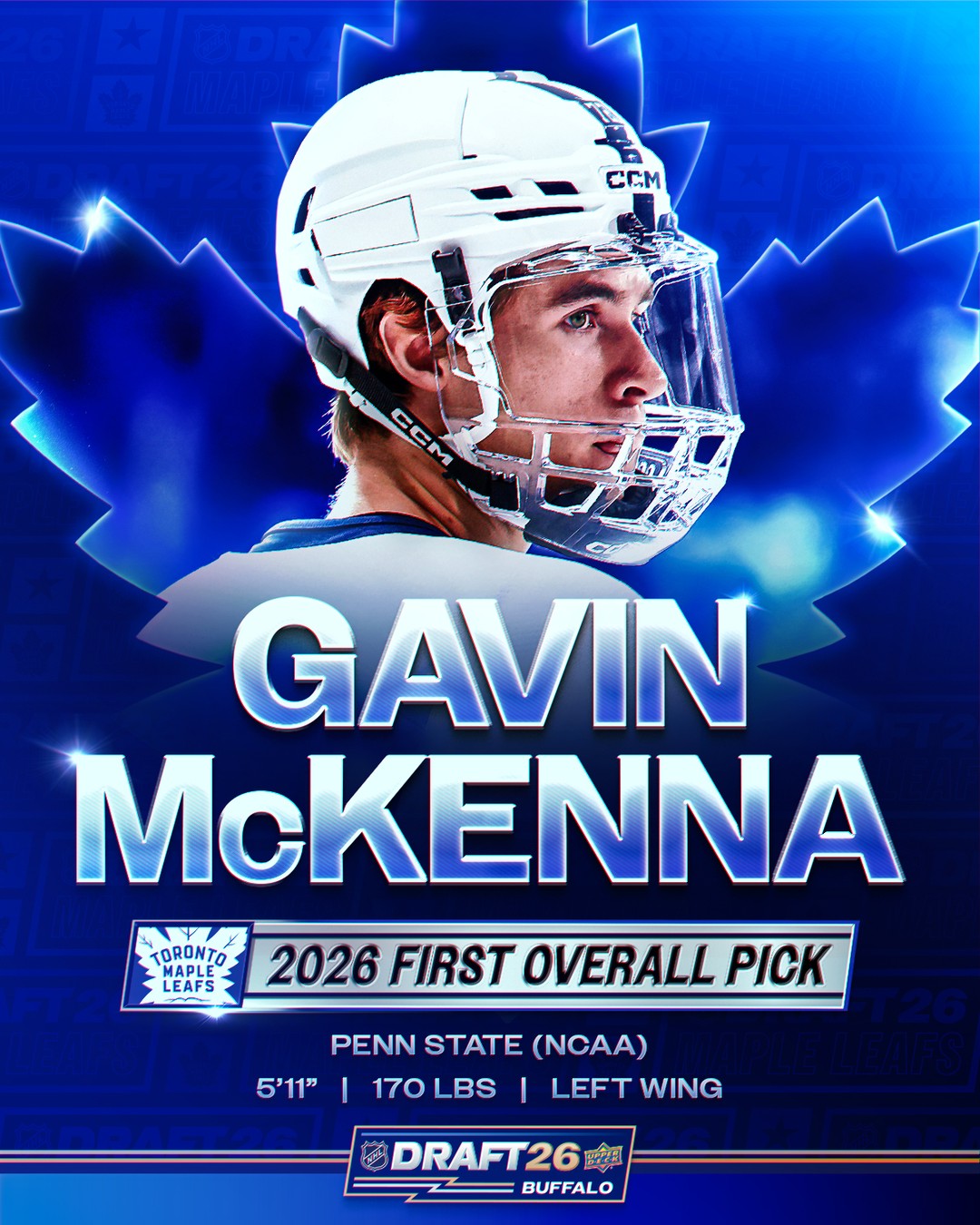 GAVIN MCKENNA TO TORONTO 🍁

The @mapleleafs have selected forward @gavin_mckenna27 first overall in the 2026 #NHLDraft!