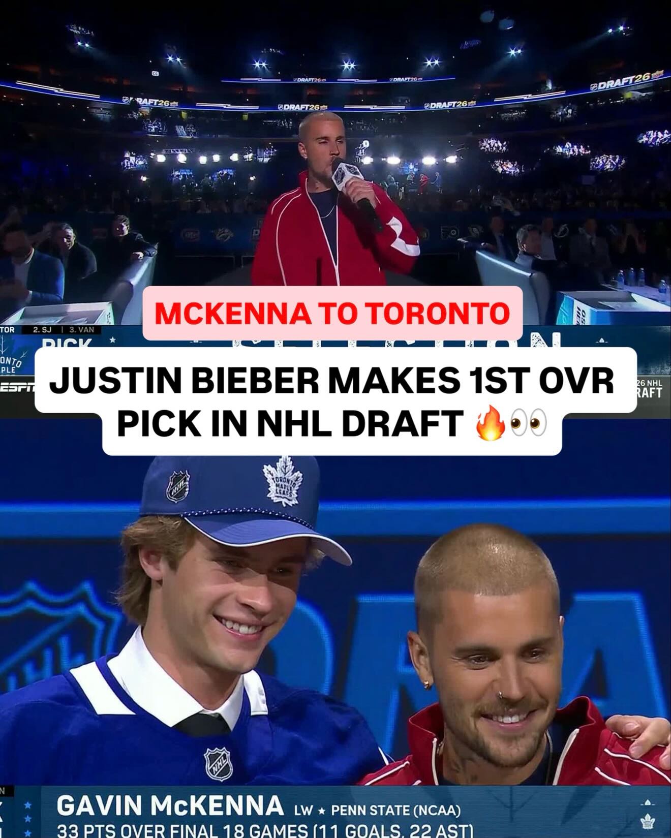 JUSTIN BIEBER MADE THE FIRST OVERALL SELECTION FOR THE LEAFS AND GAVE GAVIN MCKENNA HIS WELCOME TO THE NHL MOMENT 🔥
